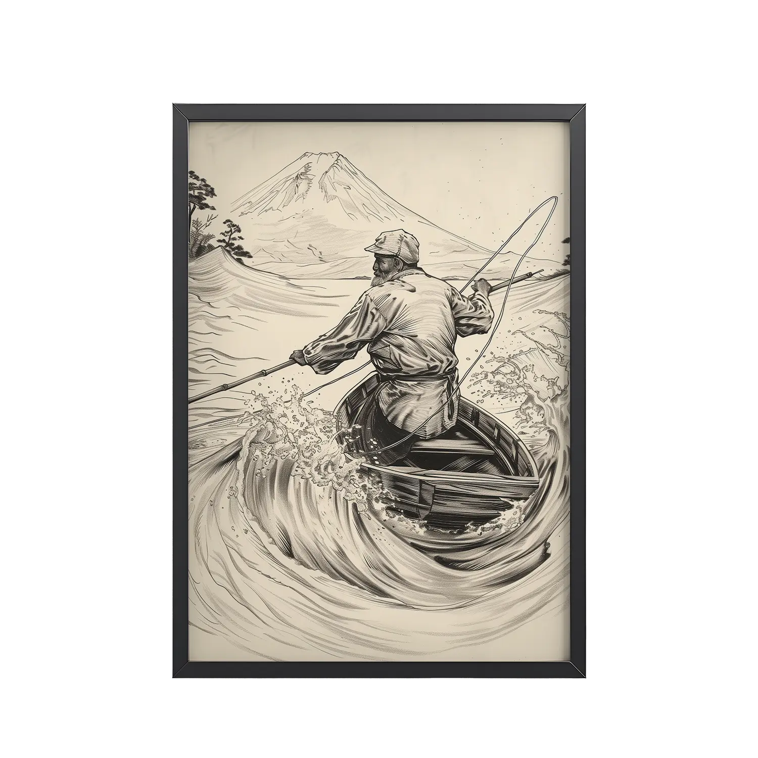 Fisherman of Mount Fuji — Japanese Woodblock Style Wall Art — Framed Poster
