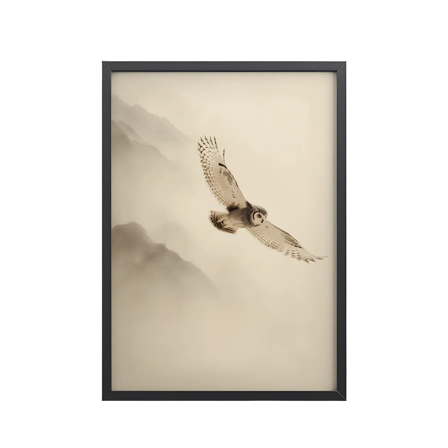 Flight Through Mist — Owl in Motion Wildlife Wall Art — Framed Poster
