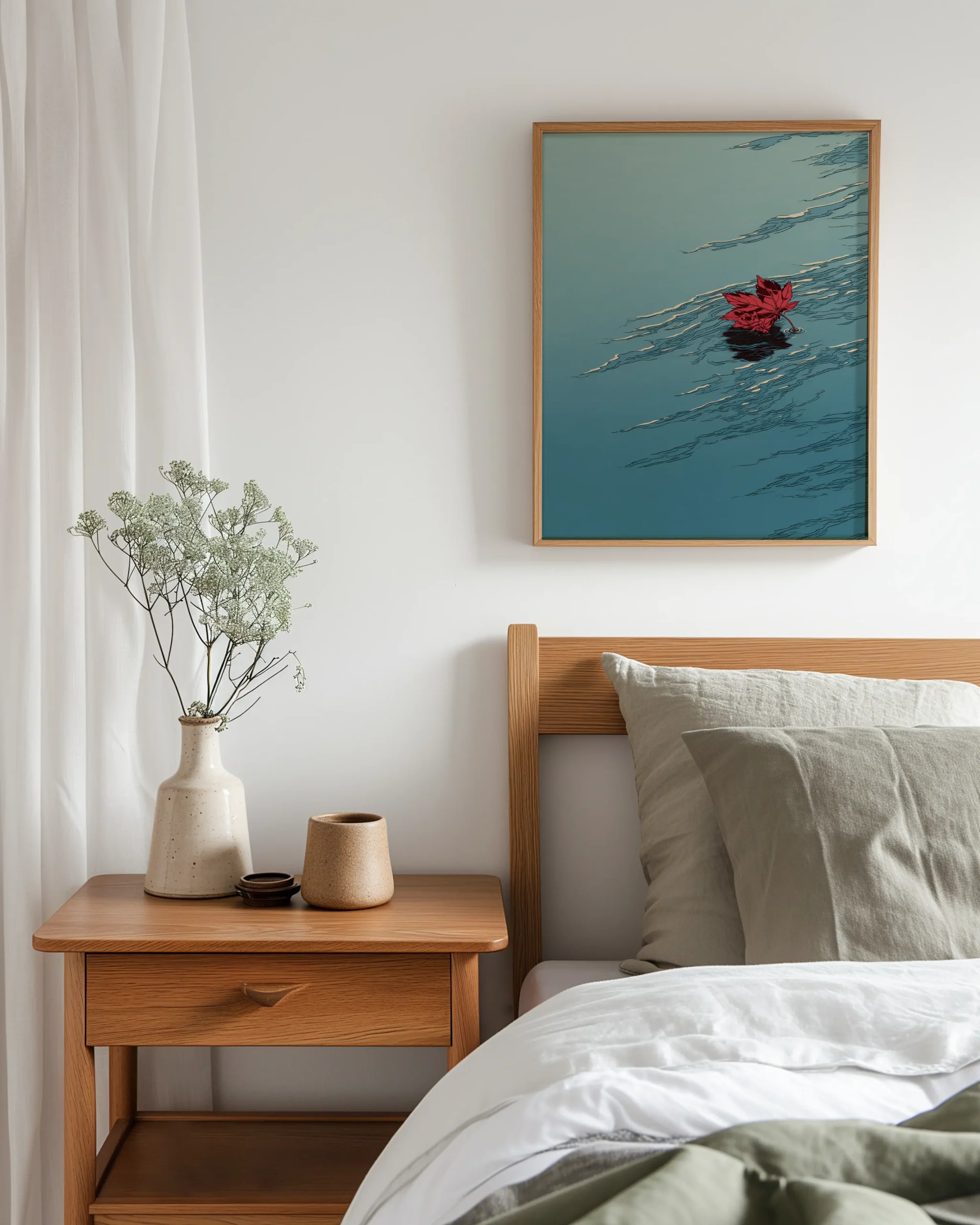 Minimal Ukiyo-e maple leaf framed poster hanging above a bed in a light Japandi bedroom