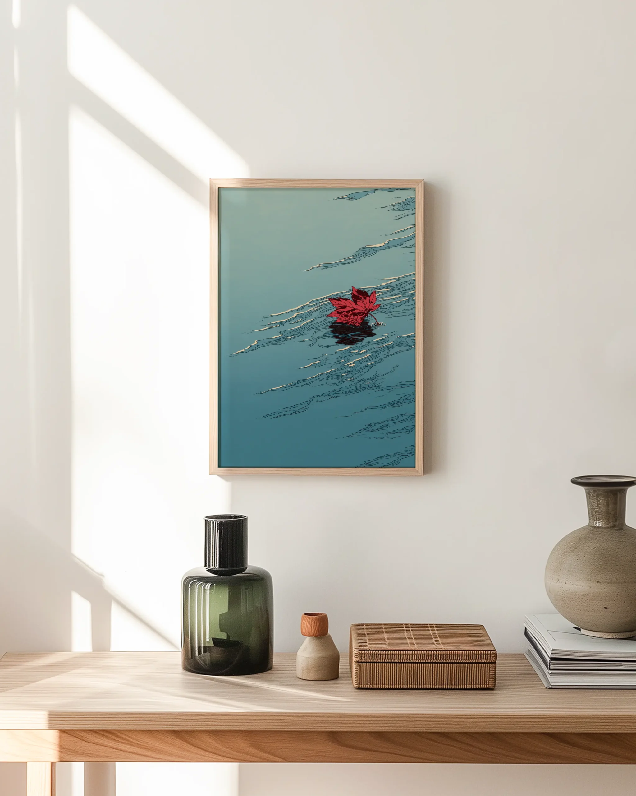 Floating Maple leaf II Ukiyo-e framed poster on a minimalist hallway wall with warm natural light