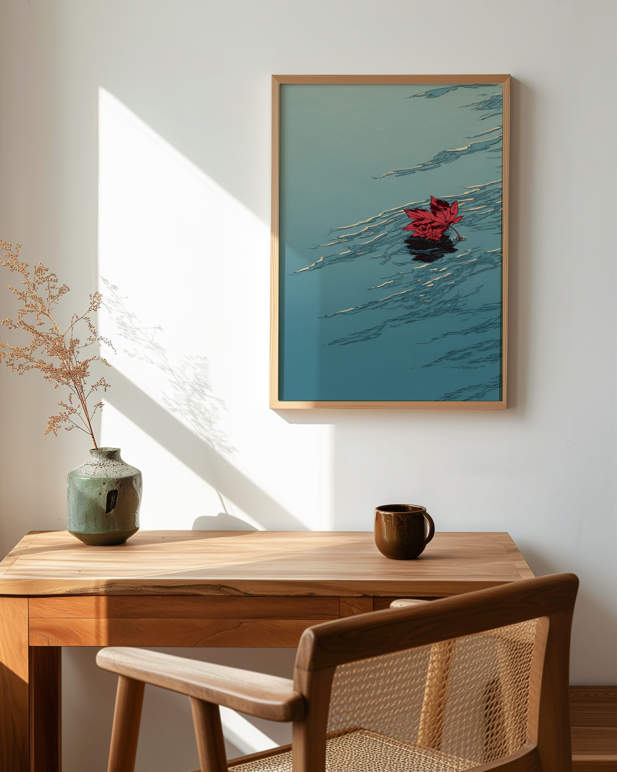 Floating Maple leaf II framed poster on a bright minimalist wall above a wooden desk in a Japandi style room