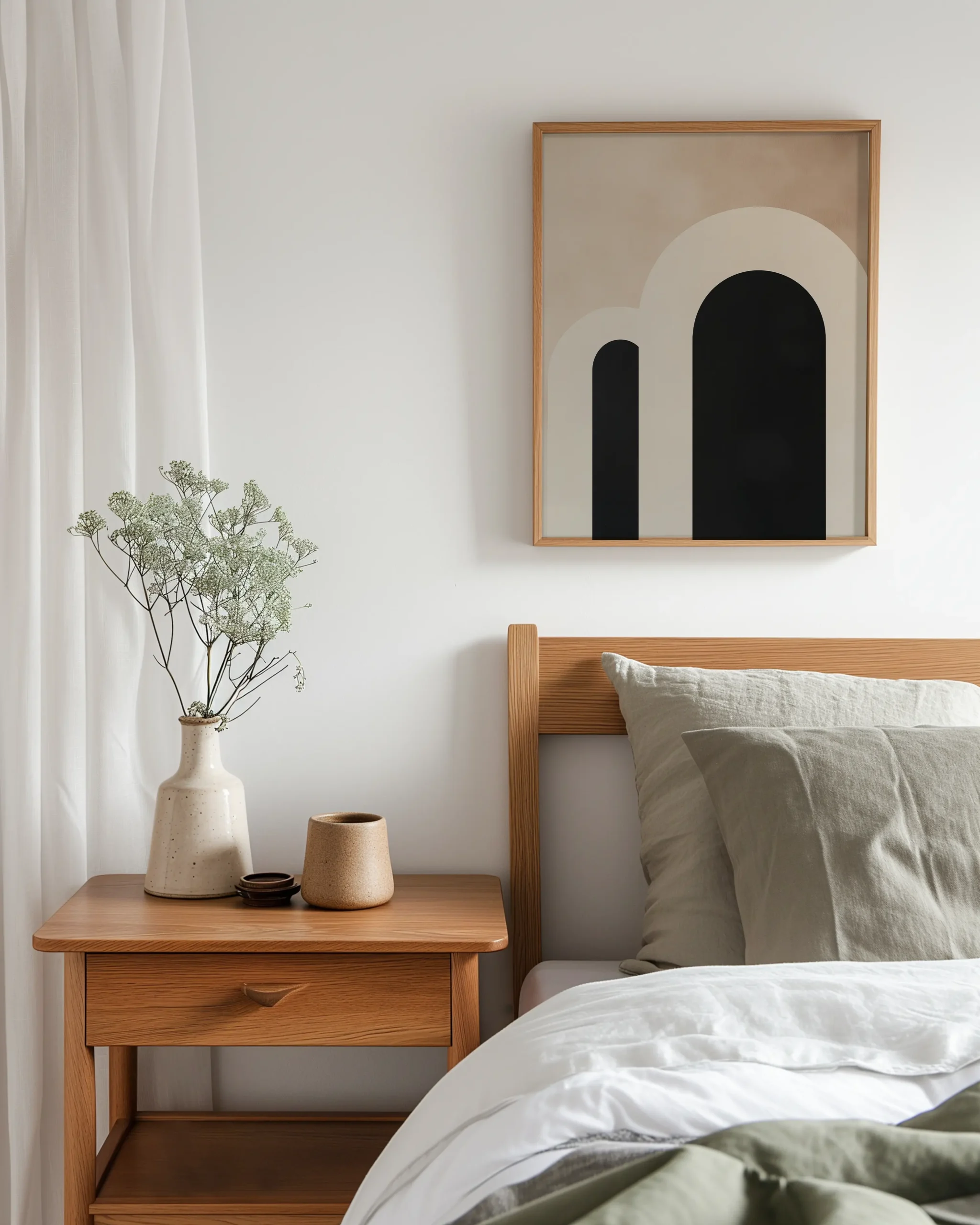 Minimal arch wall art in beige and black, oak frame above a modern bed with neutral bedding