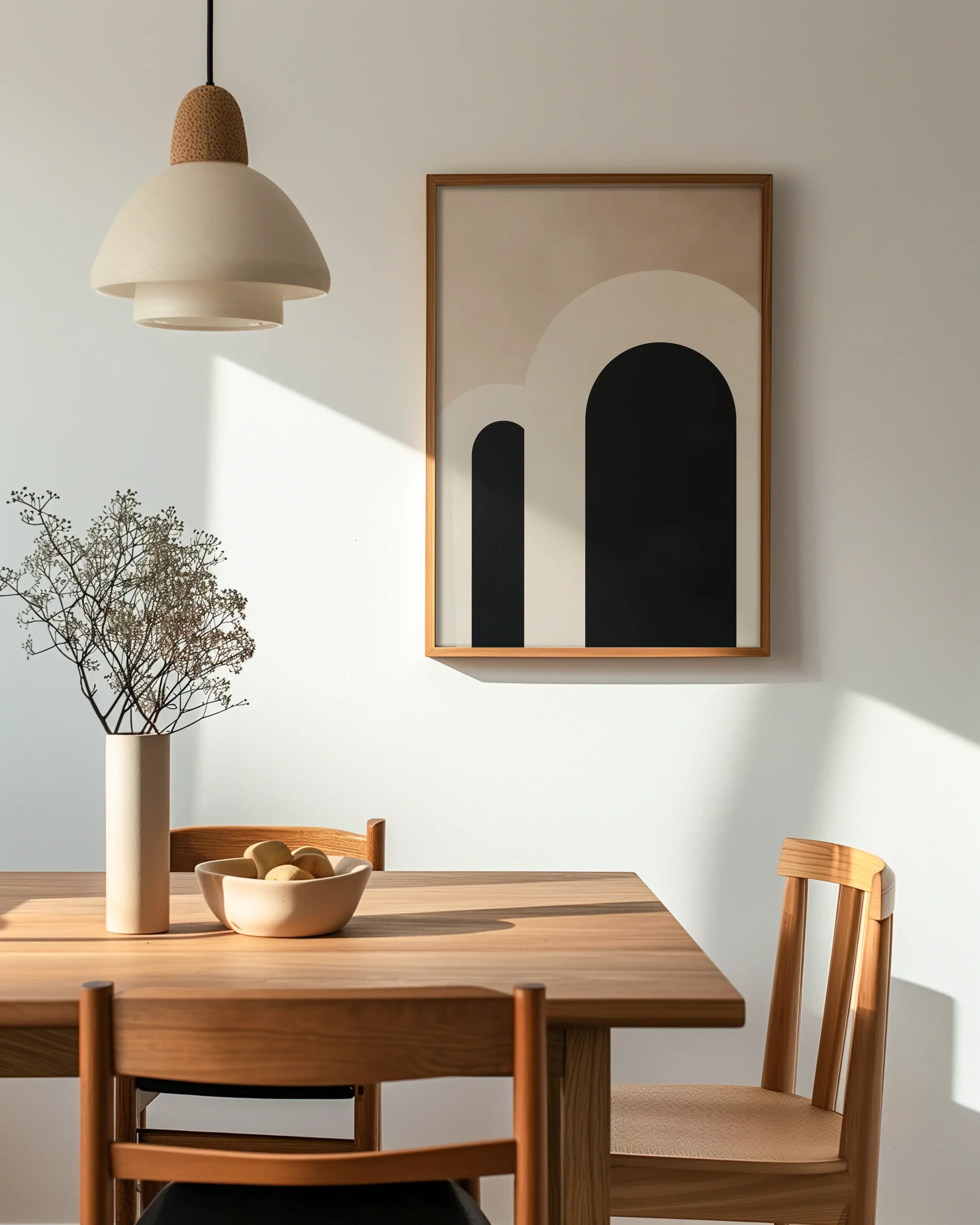 Minimal arch geometry wall art framed in oak above a wooden dining table, beige and black abstract arches