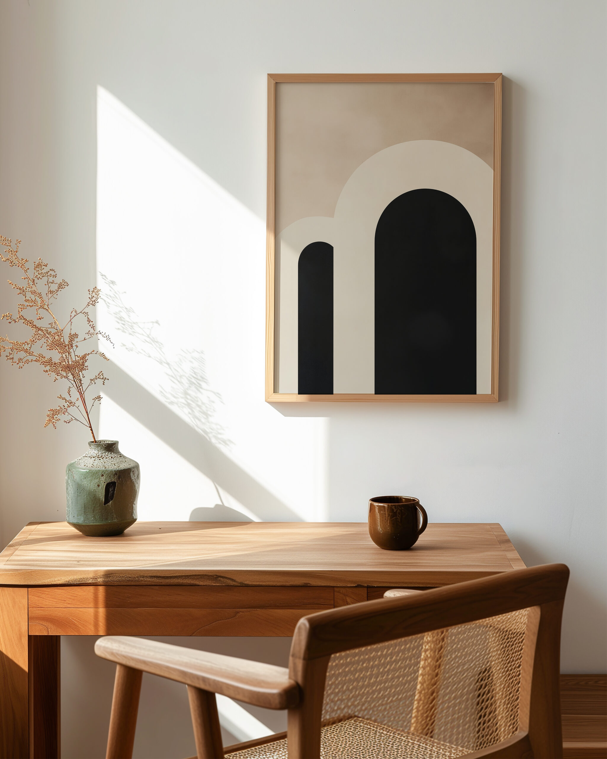 Minimal arch geometry framed poster above a wooden desk, warm beige abstract arches with black shapes