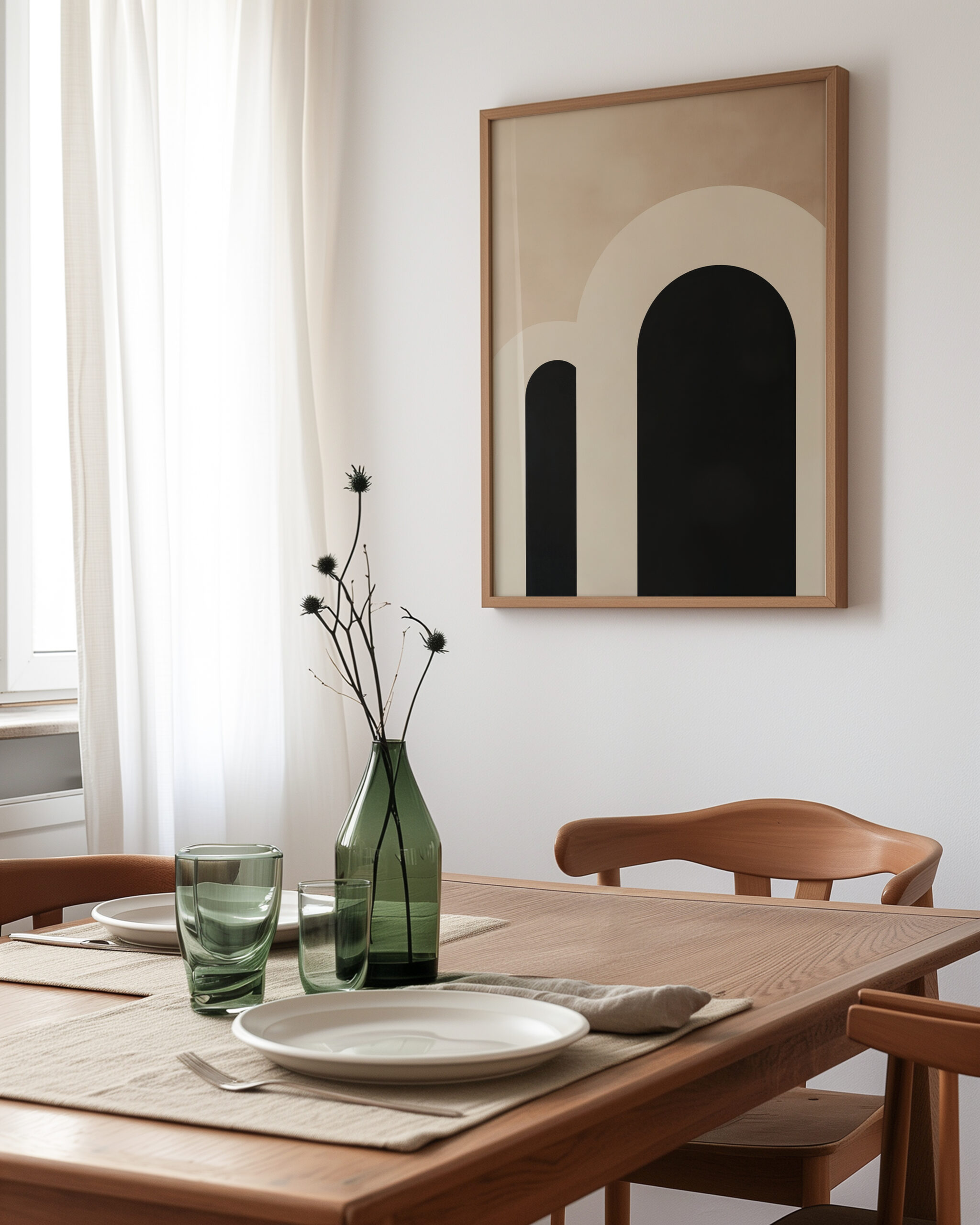 Angled view of minimal arch wall art in oak frame above dining table, beige and black geometric arches