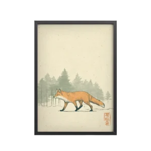 Fox in Pines — Red Fox Illustration on Textured Paper Wall Decor — Framed Poster