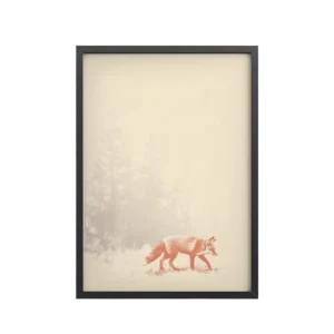 Fox in the Silent Pines — Minimal Misty Forest Animal Wall Art — Framed Poster