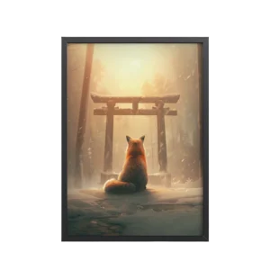 Fox Spirit at Torii — Cinematic Fox in Snowy Shrine Light Wall Decor — Framed Poster