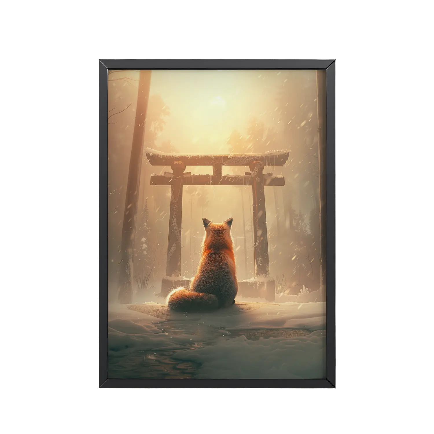 Fox Spirit at Torii — Cinematic Fox in Snowy Shrine Light Wall Decor — Framed Poster