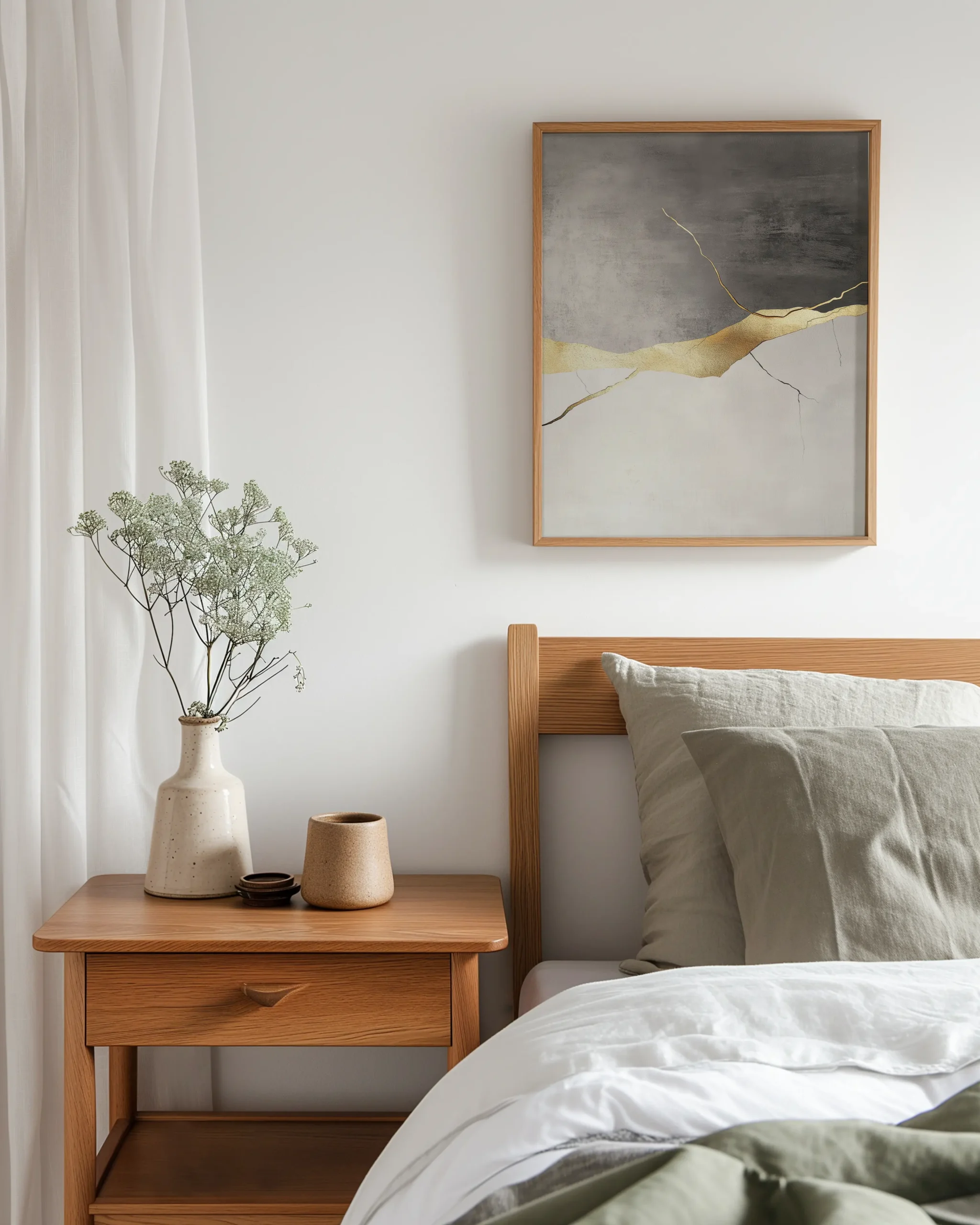 Neutral abstract gold wall art framed poster above a bed in a bright minimalist bedroom