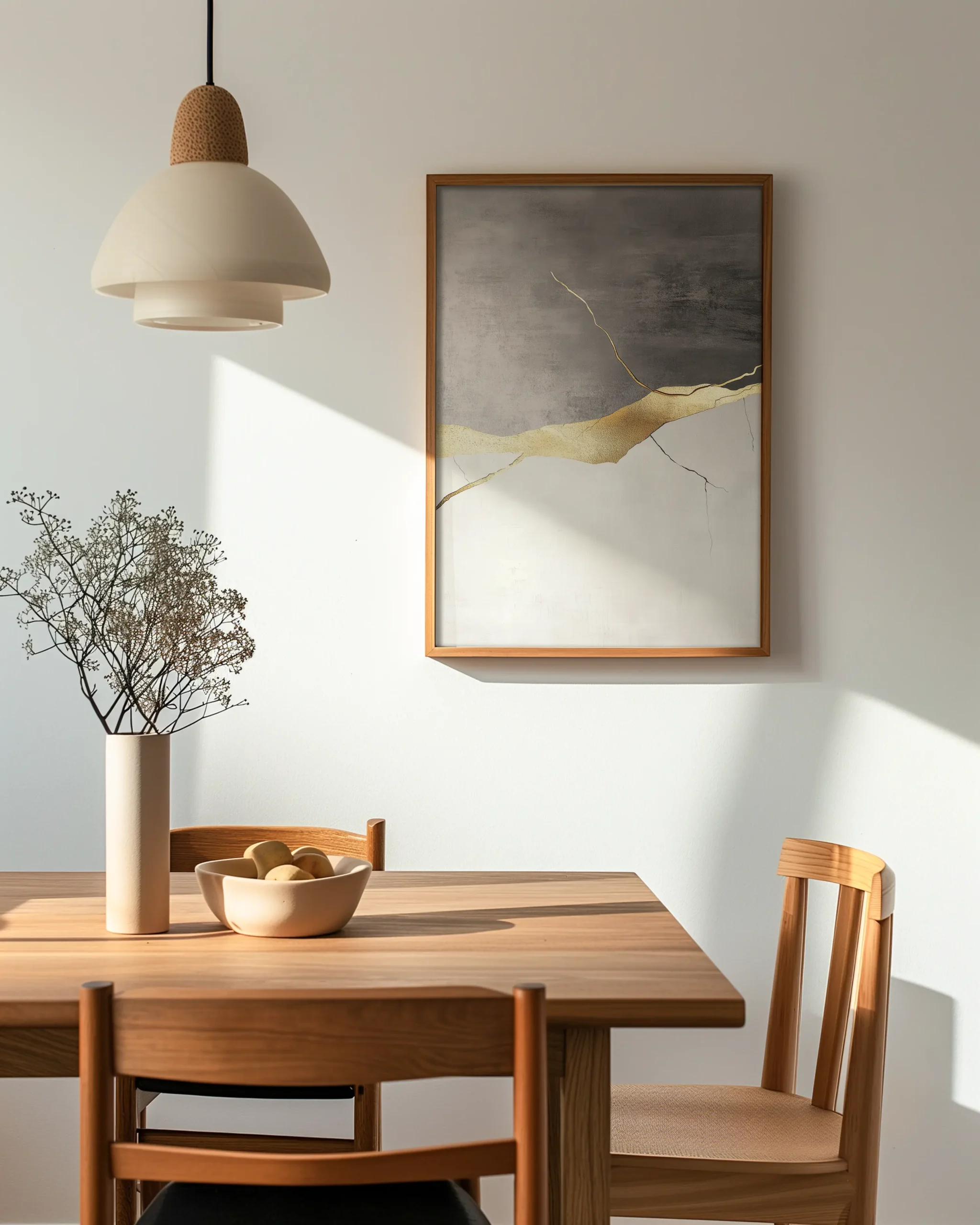 Neutral abstract gold wall art framed poster on a wall above a wooden dining table with pendant light