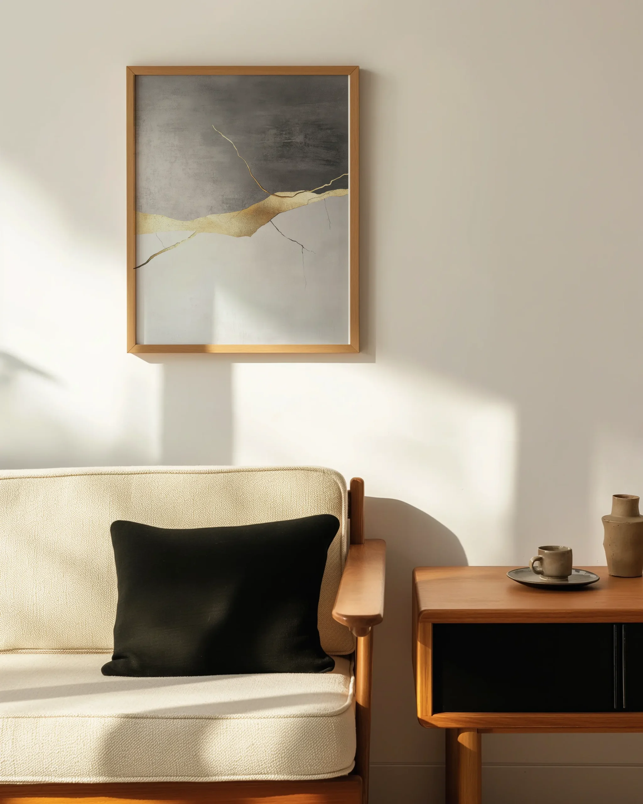 Neutral abstract gold wall art framed poster styled above a sofa in a warm minimalist living room