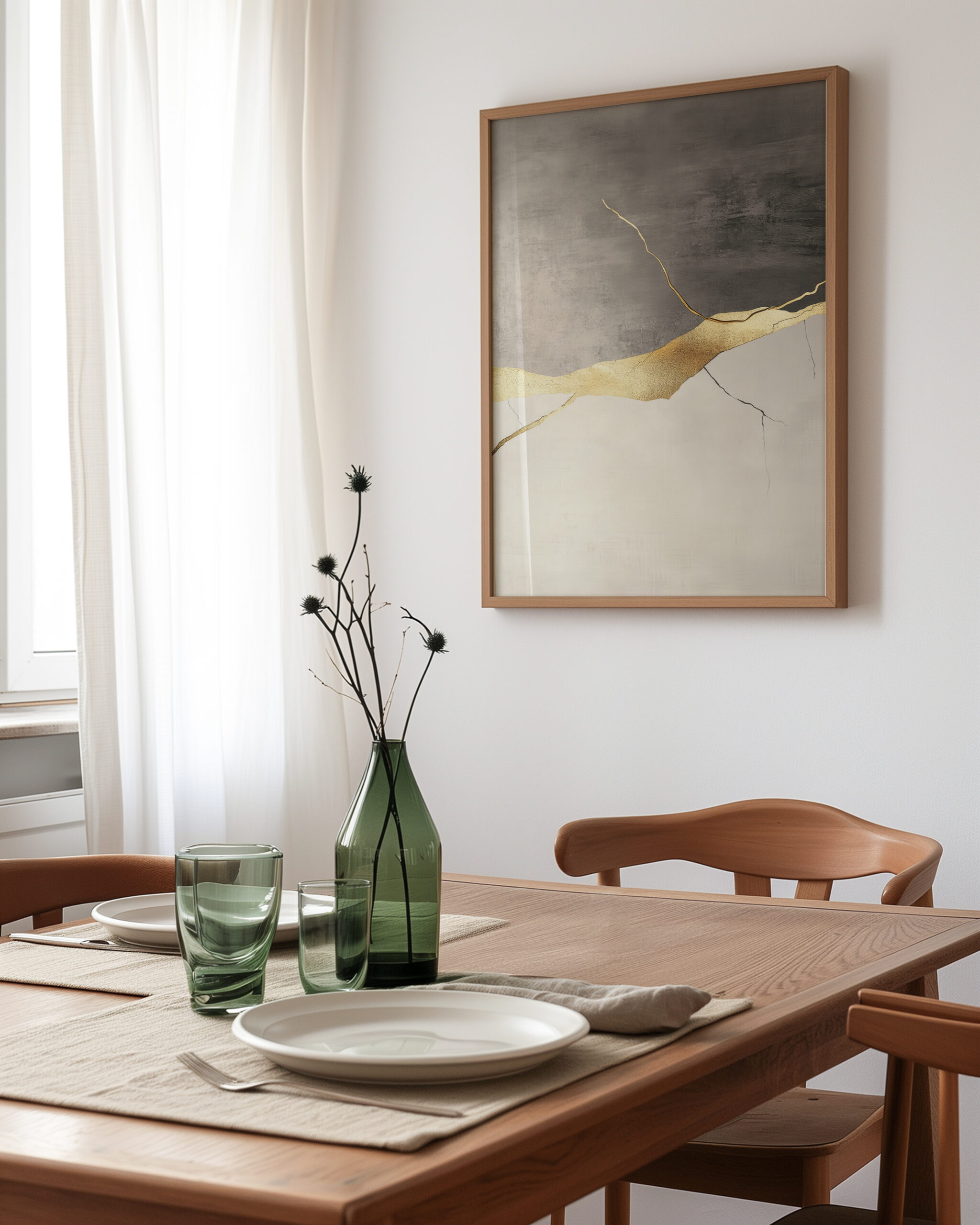 Neutral abstract gold wall art framed poster shown at an angle above a dining table with natural light