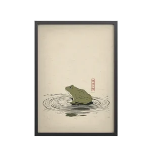 Frog on Pond — Minimal Frog Illustration with Ripples Wall Decor — Framed Poster
