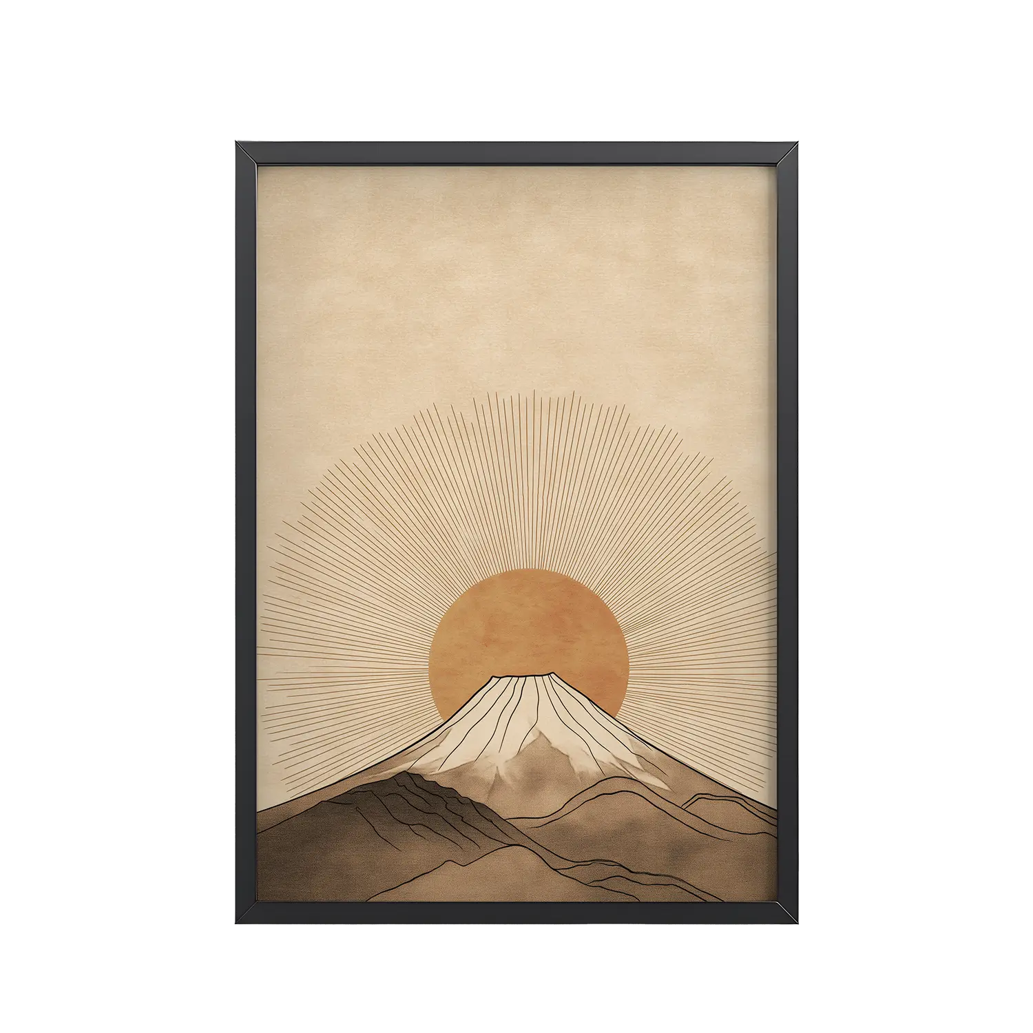 Fuji Radiance — Japandi Sunburst Mountain Wall Art — Framed Poster