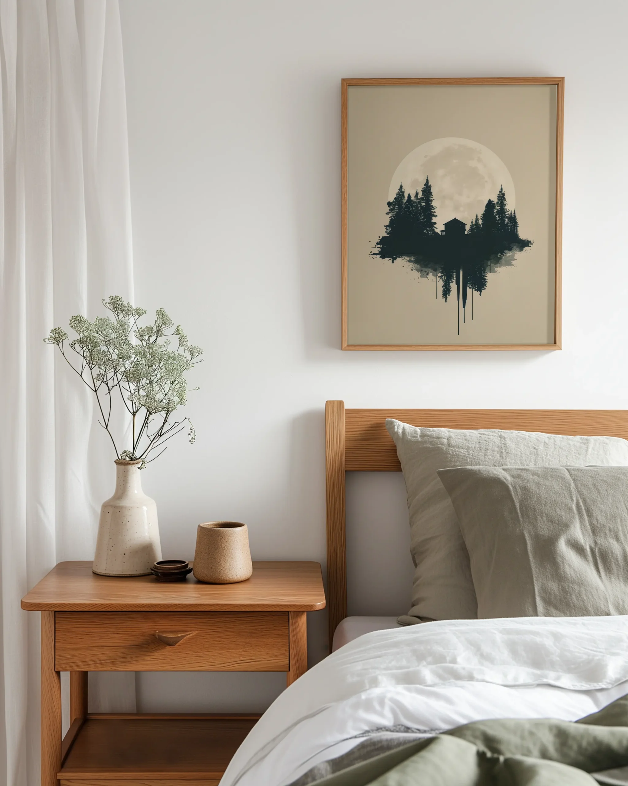 Japandi bedroom mockup with framed poster featuring full moon and pine forest cabin silhouette above a bed with neutral bedding