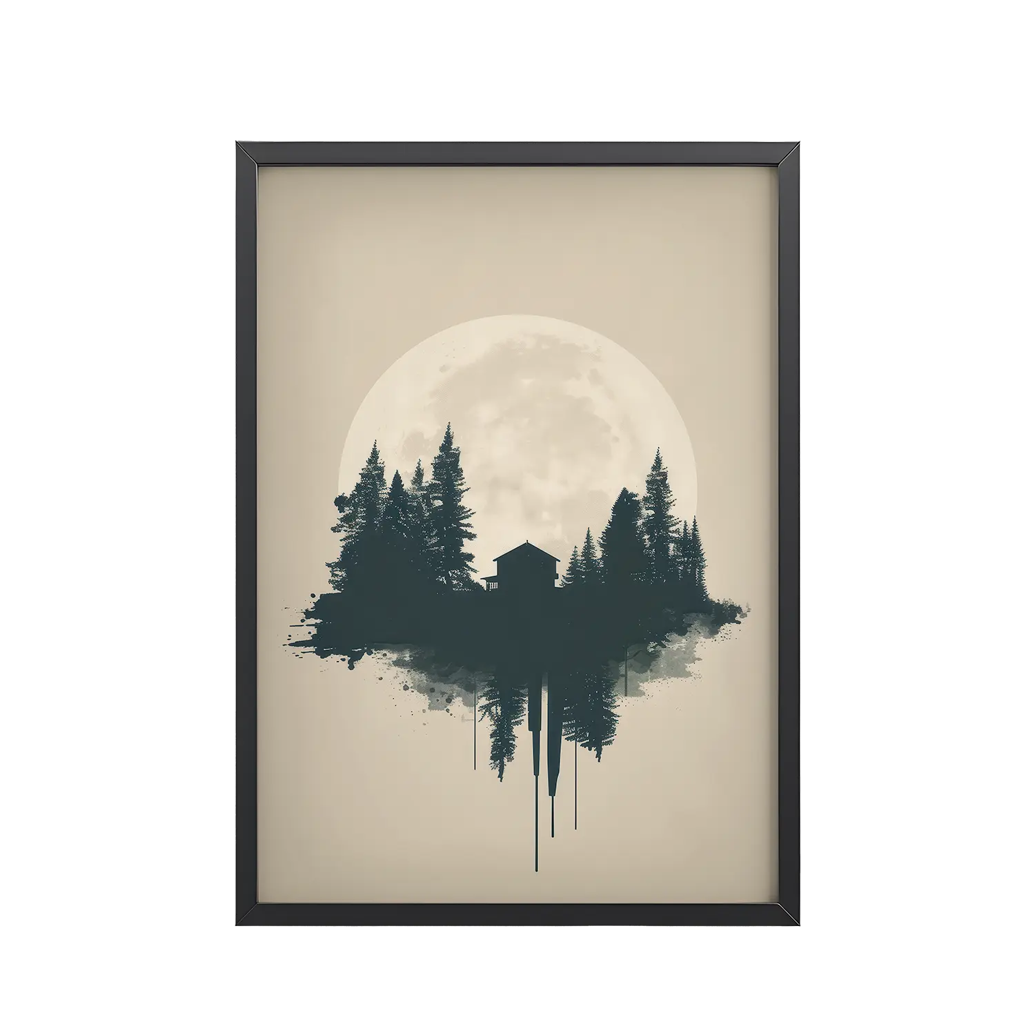 Full Moon Shelter — Minimalistic Forest House Wall Decor — Framed Poster
