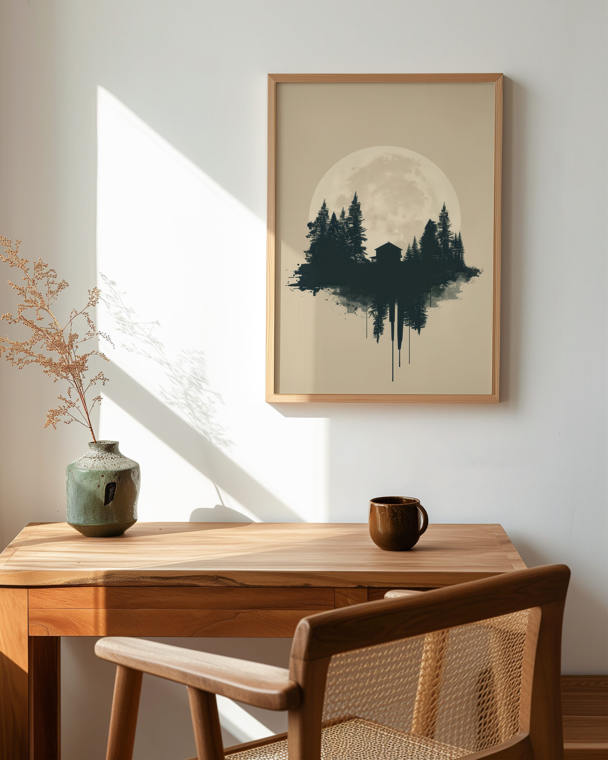 Japandi framed poster of a full moon behind dark pine forest with a small cabin silhouette, styled above a wooden desk
