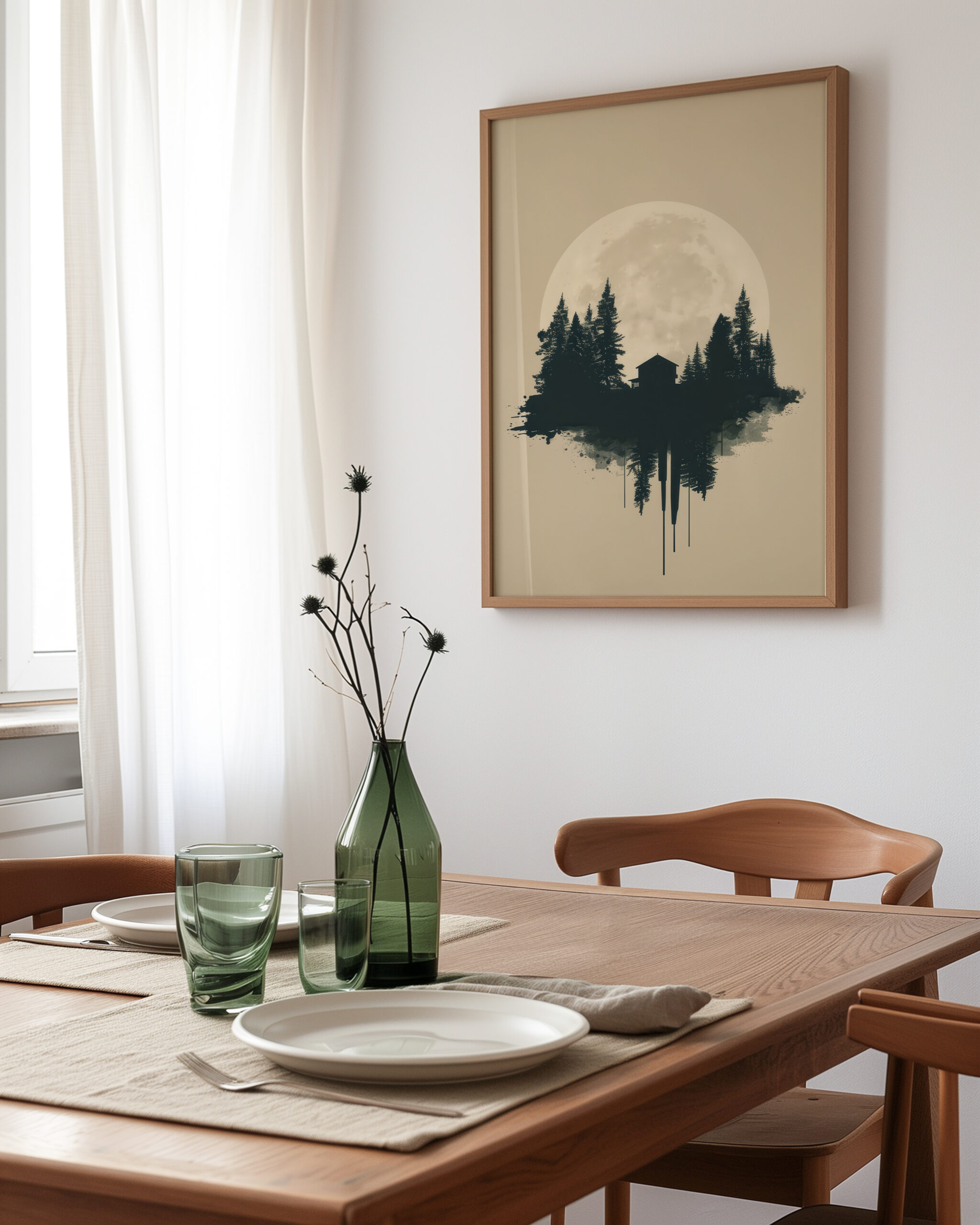 Minimal dining room mockup with a framed poster showing full moon and pine forest with a small cabin silhouette, angled wall view