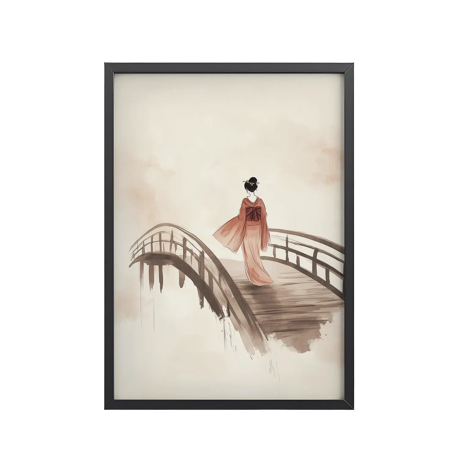 Geisha Bridge — Watercolor Japanese Bridge Wall Art — Framed Poster