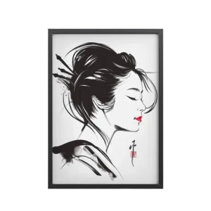 Geisha Profile — Minimal Sumi-e Geisha Portrait Wall Art — Framed Poster