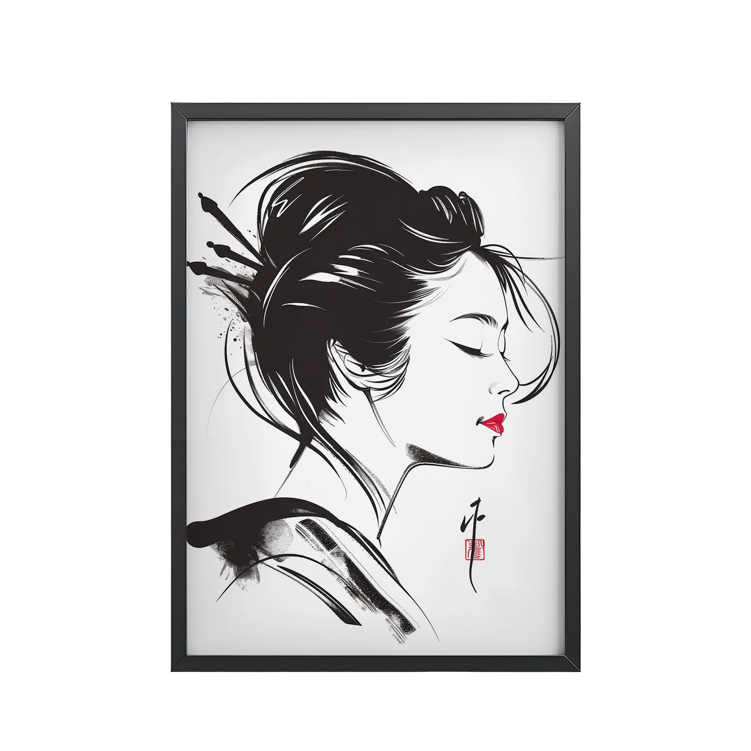 Geisha Profile — Minimal Sumi-e Geisha Portrait Wall Art — Framed Poster