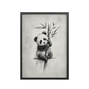 Gentle Hug on Bamboo — Panda Ink Illustration in Black & White Wall Decor — Framed Poster