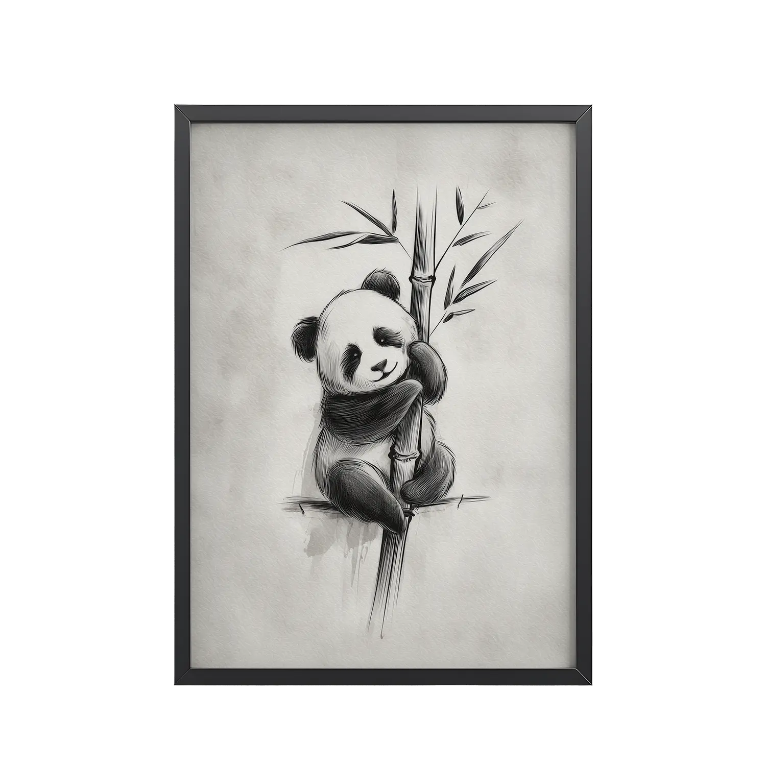 Gentle Hug on Bamboo — Panda Ink Illustration in Black & White Wall Decor — Framed Poster