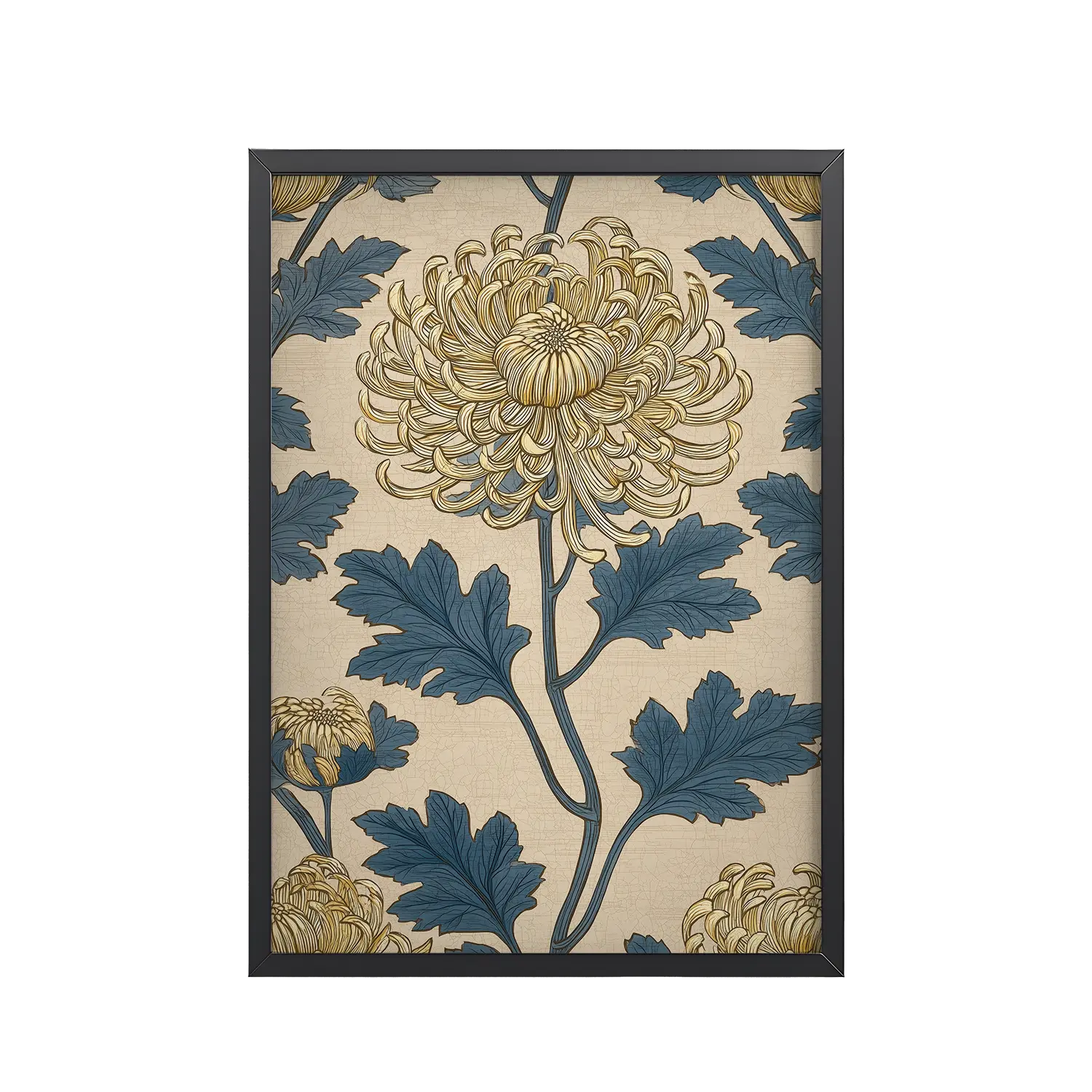 Golden Chrysanthemum — Blue & Gold Botanical Wall Decor — Framed Poster