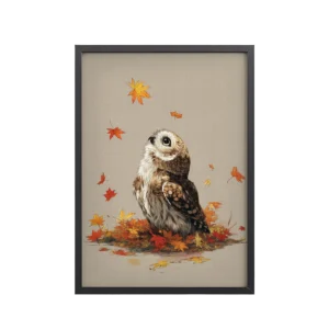 Autumn Gaze Owl — Owl Illustration with Falling Leaves Wall Art — Framed Poster