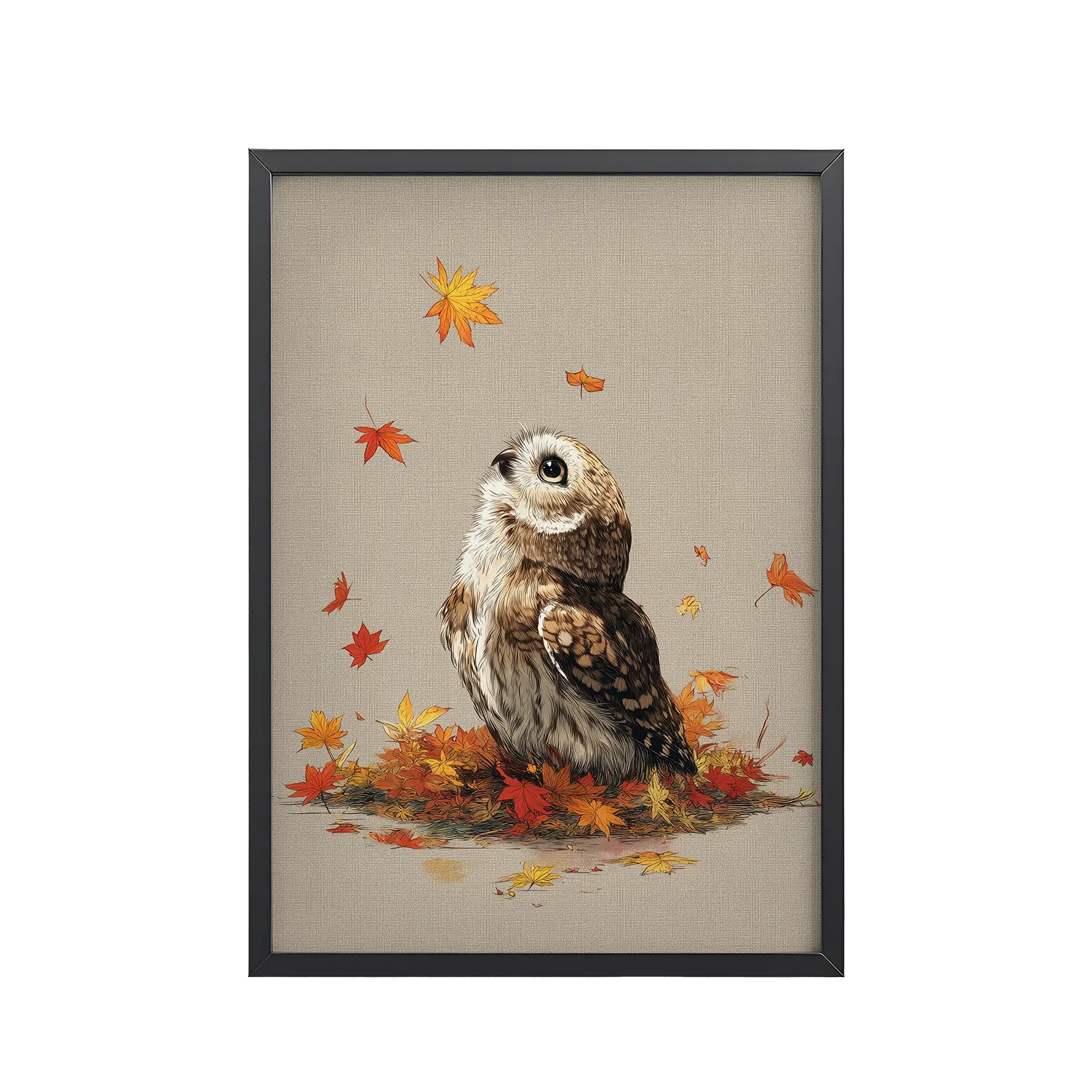 Autumn Gaze Owl — Owl Illustration with Falling Leaves Wall Art — Framed Poster