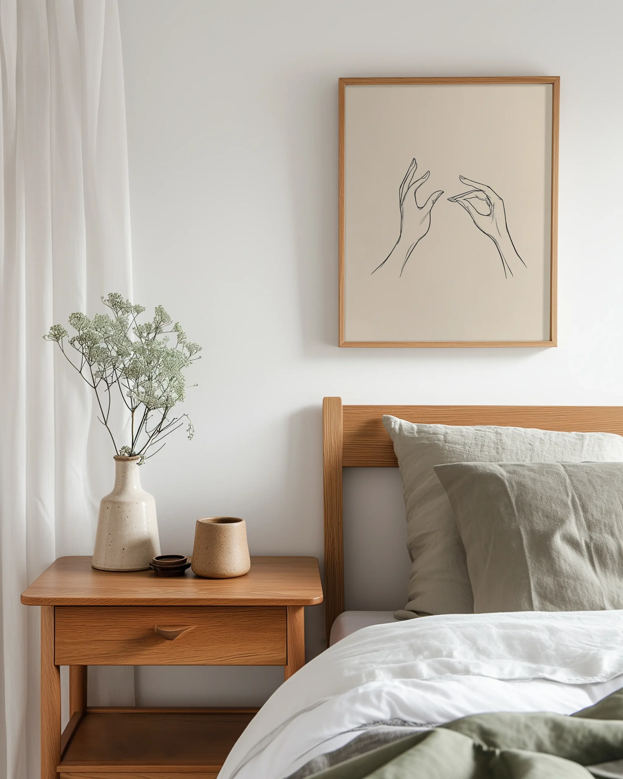Bedroom mockup with Gyan Mudra Hands wall art in an oak frame above a wooden bed, styled with soft neutral textiles.