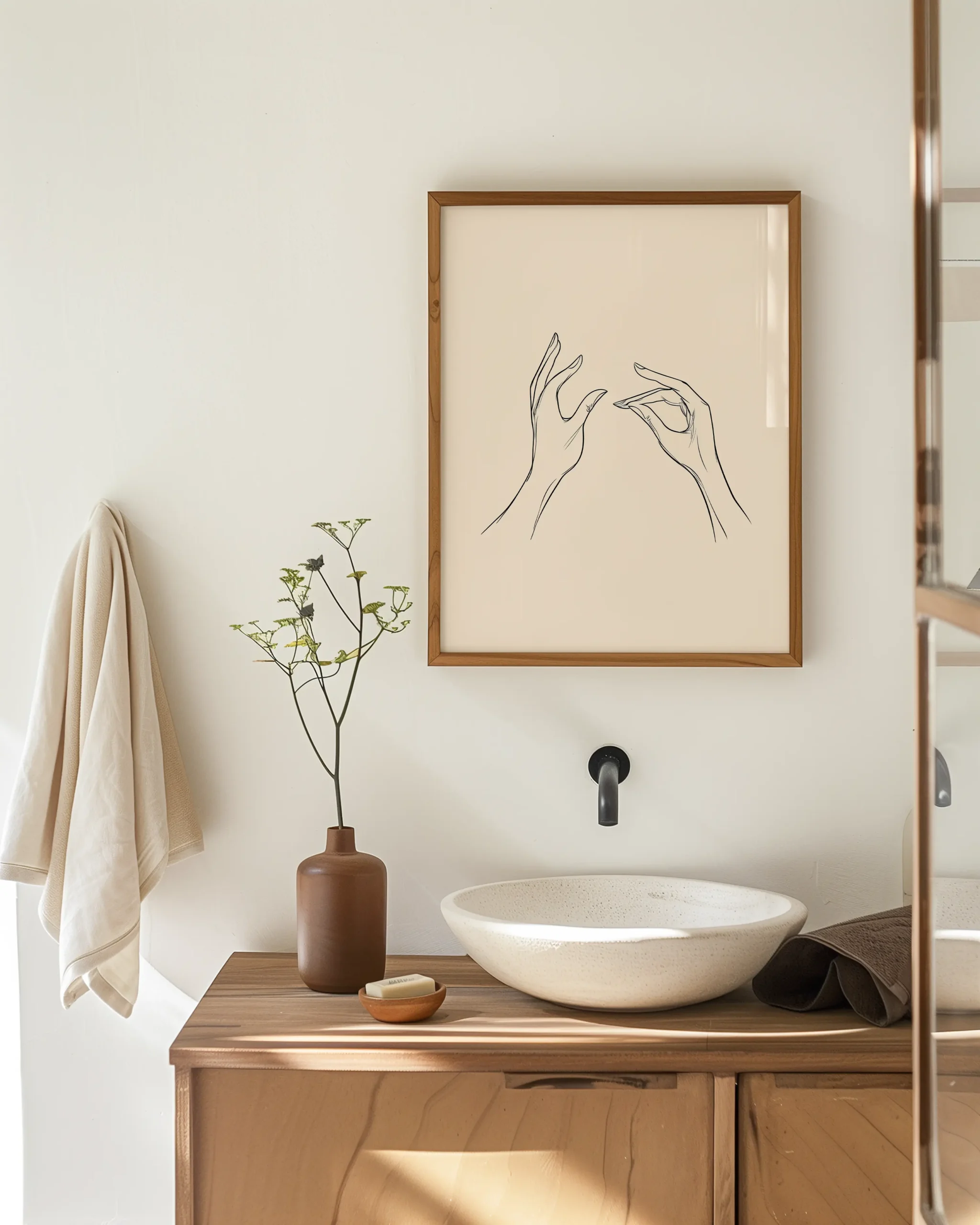 Bathroom spa mockup featuring the Gyan Mudra Hands minimalist line art framed poster above a modern sink and neutral decor.