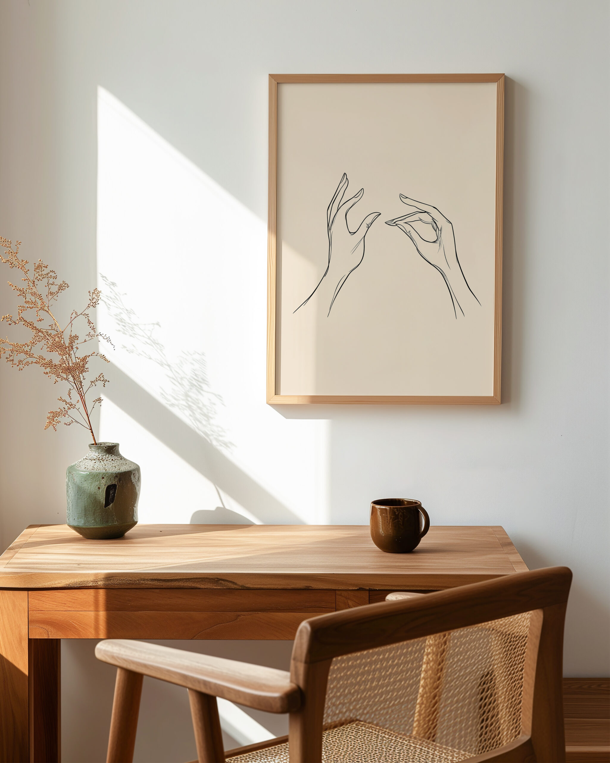 Desk and dining table lifestyle mockup showing the Gyan Mudra Hands framed poster in an oak frame with soft natural window light.