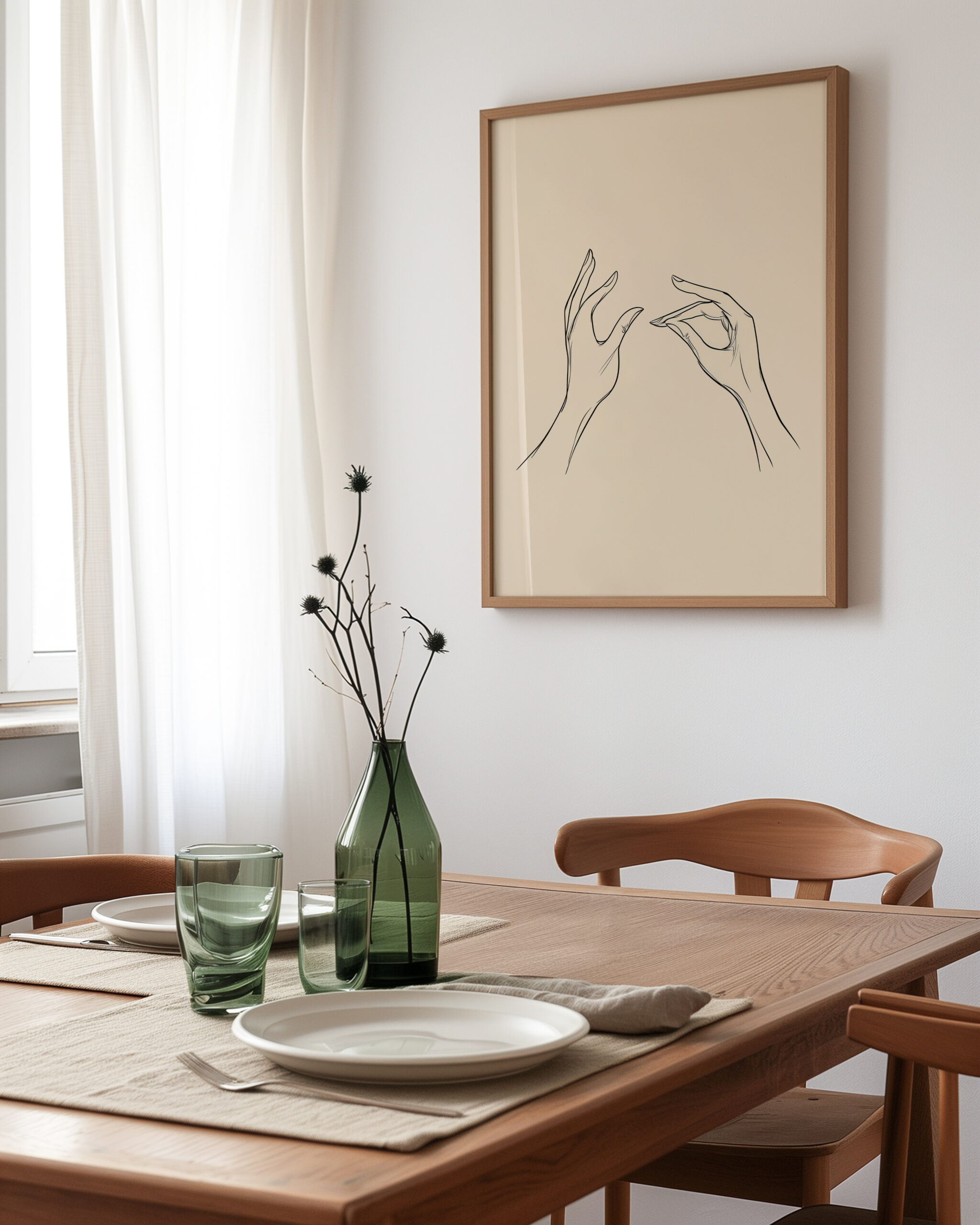 Angled dining room mockup of Gyan Mudra Hands wall art in an oak frame above a wooden table in soft daylight.