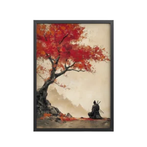 Autumn Warrior – Samurai Beneath Crimson Maple Leaves Wall Decor – Framed Poster