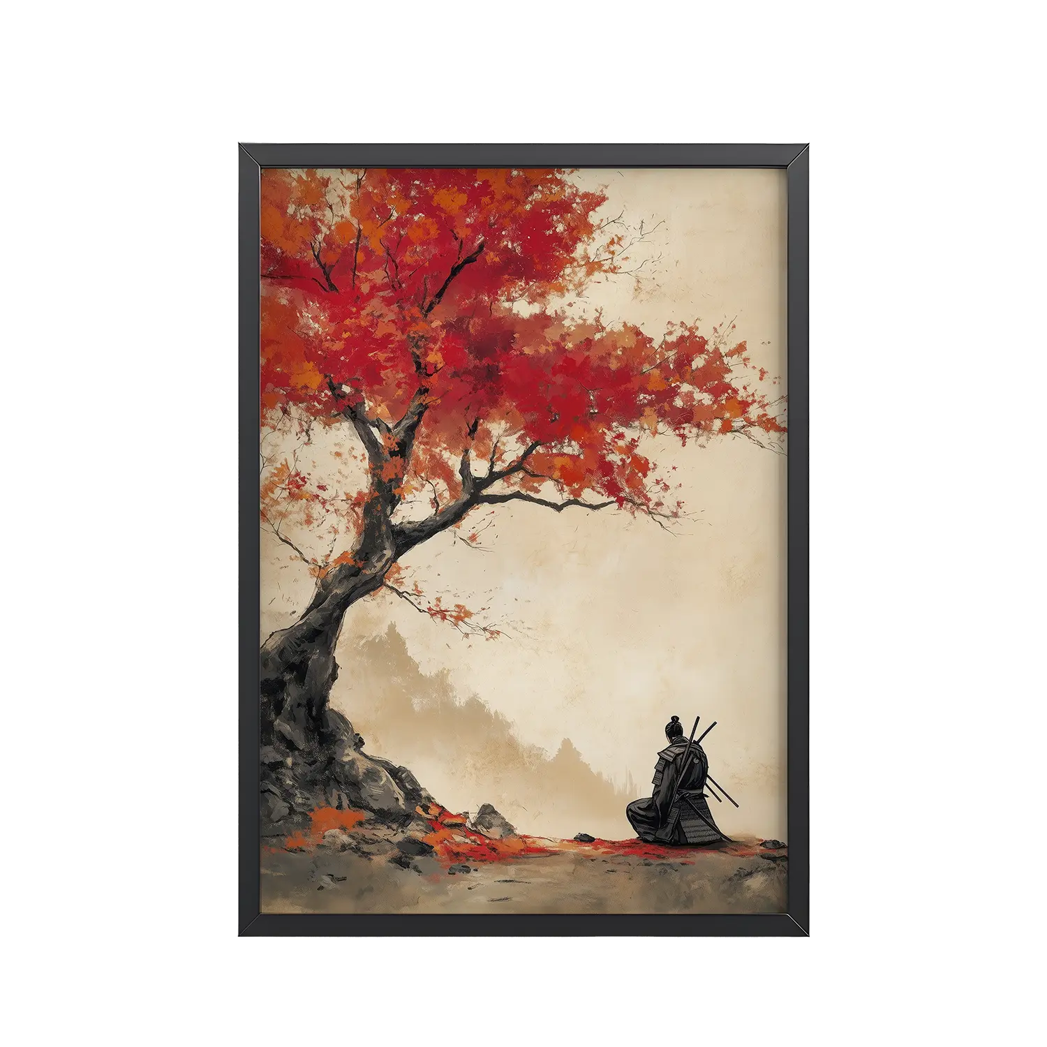 Autumn Warrior – Samurai Beneath Crimson Maple Leaves Wall Decor – Framed Poster