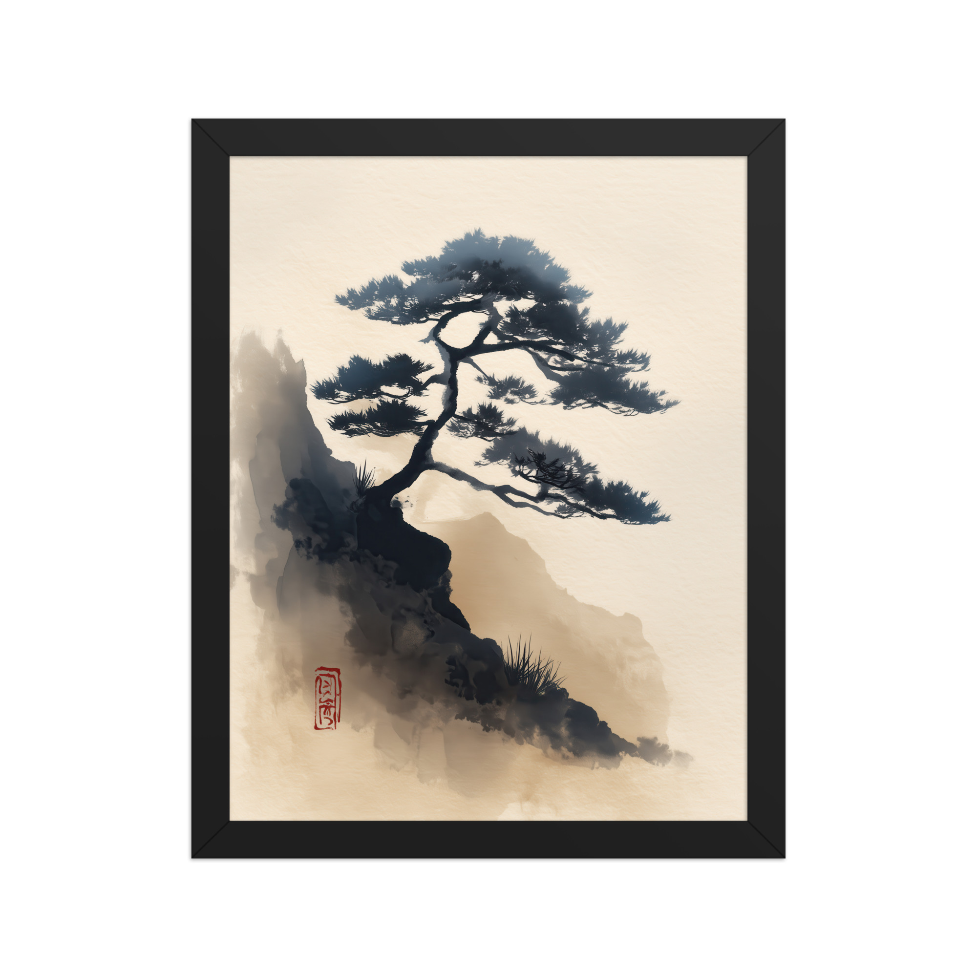 Mountain Pine in Soft Ink — Sumi-e Japanese Landscape Wall Decor — Framed Poster - Image 2