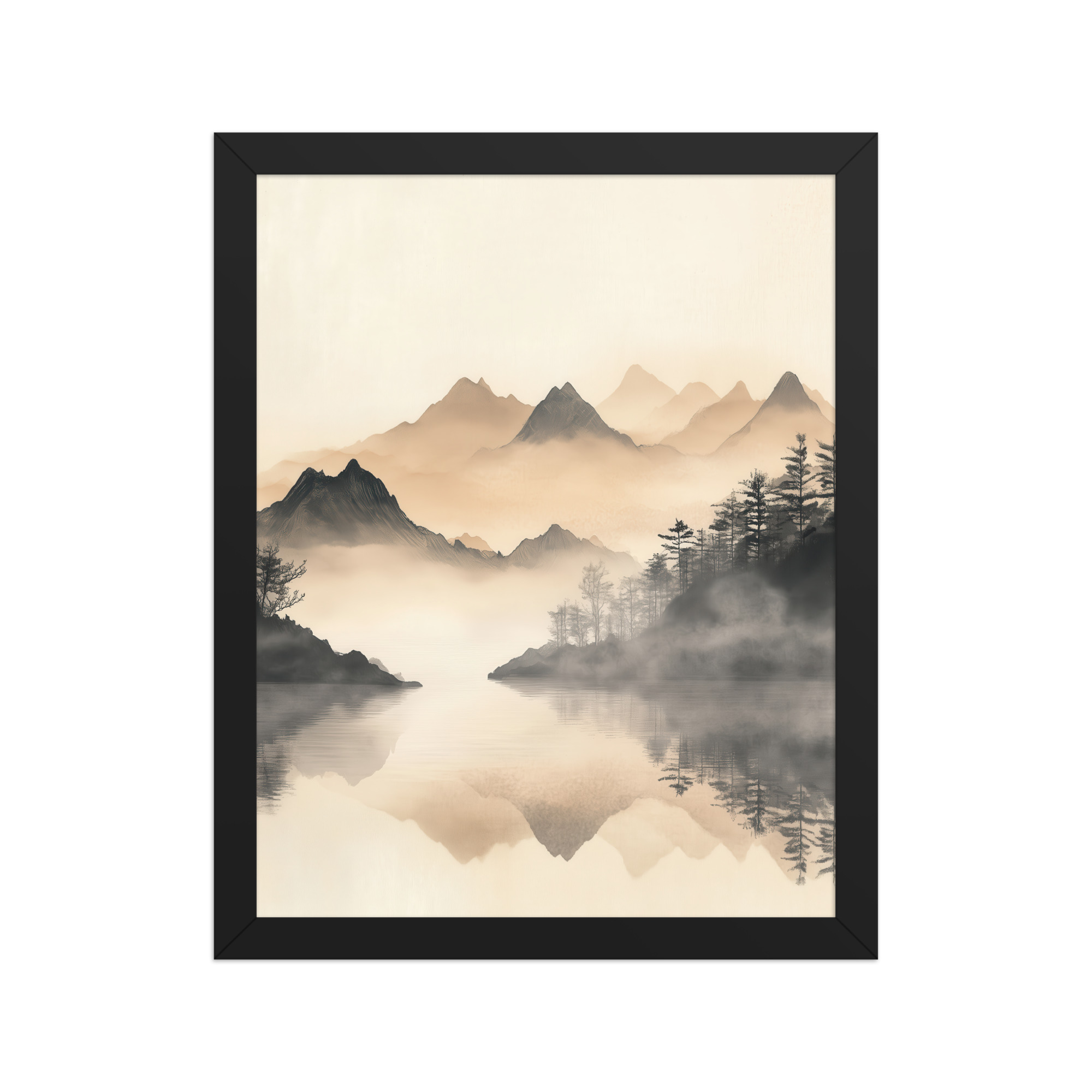 Misty Mountain Reflection — Japandi Lake Landscape Wall Decor — Framed Poster - Image 2