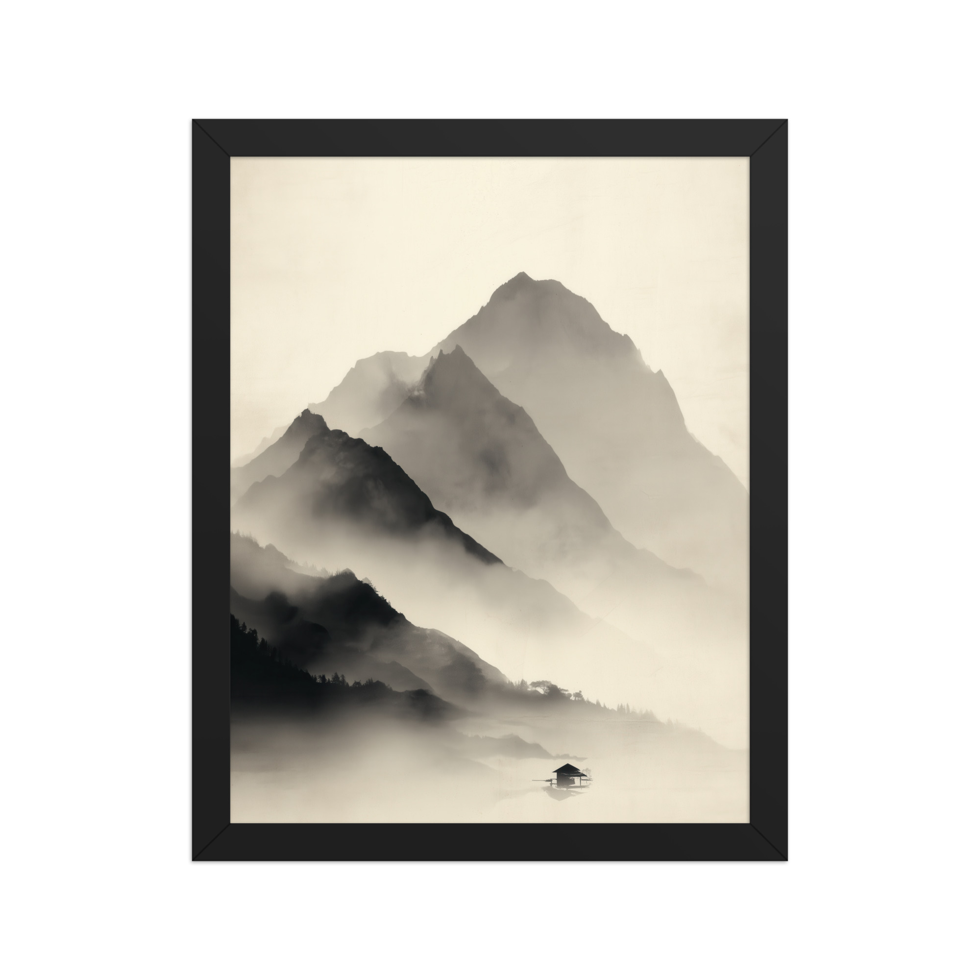 Misty Mountain Layers — Neutral Japandi Landscape Wall Art — Framed Poster - Image 2