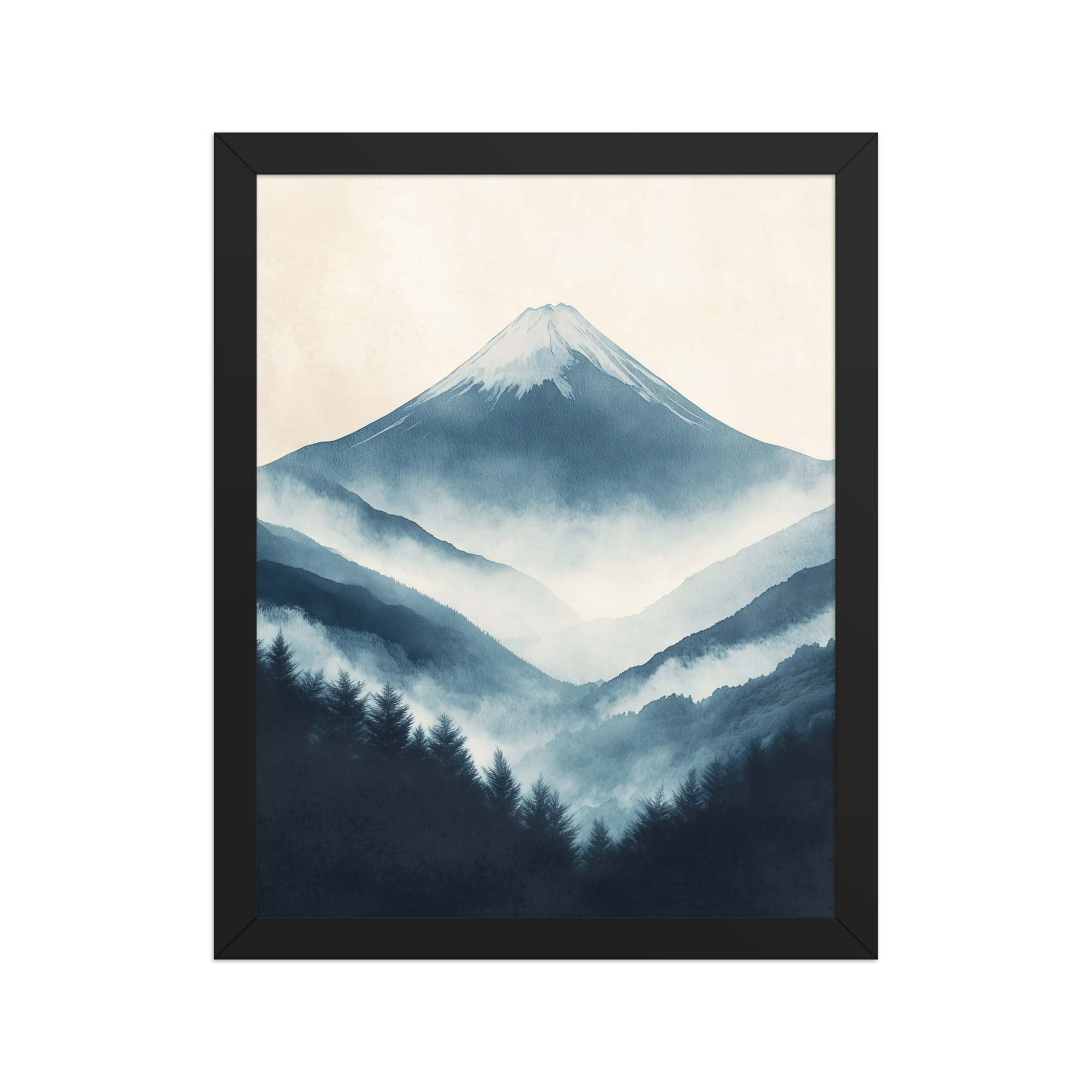 Misty Peaks — Indigo Japandi Mountain Wall Art — Framed Poster - Image 2