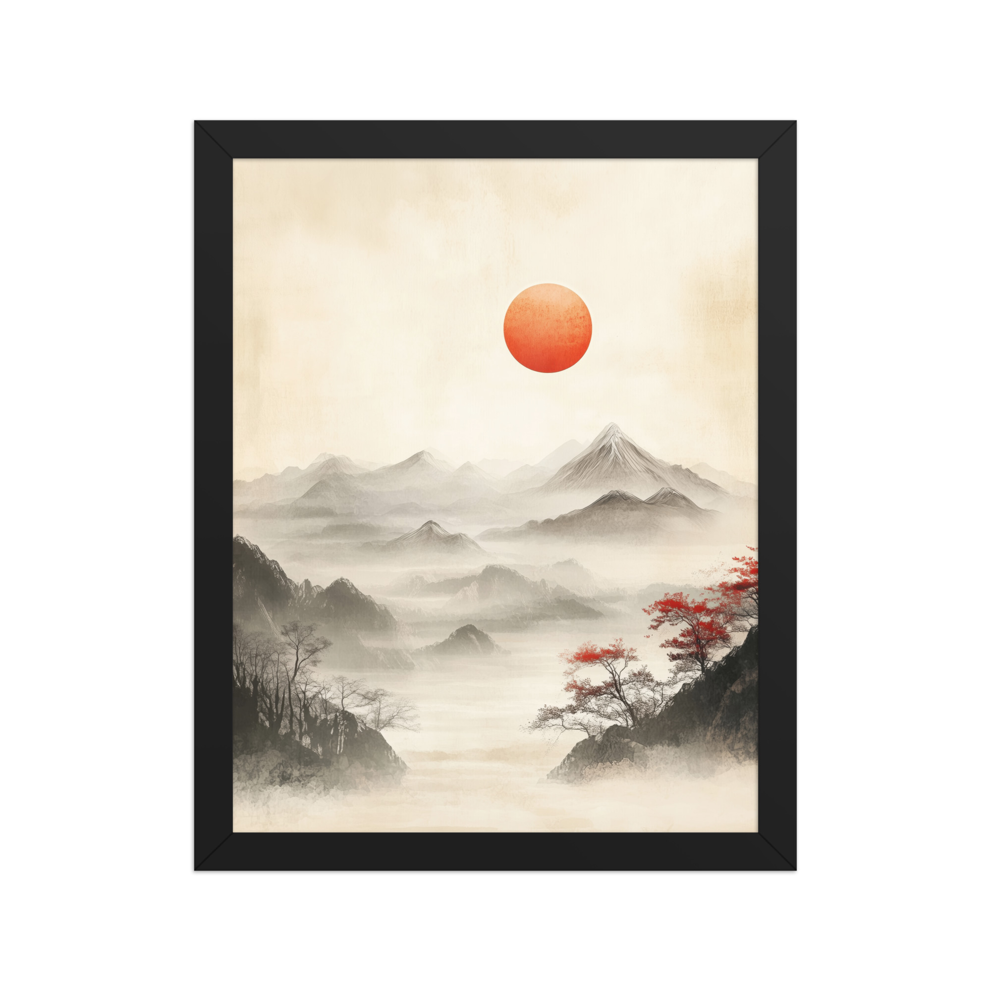 Red Sun Over Silent Peaks — Misty Ink Mountain Landscape Wall Art — Framed Poster - Image 2