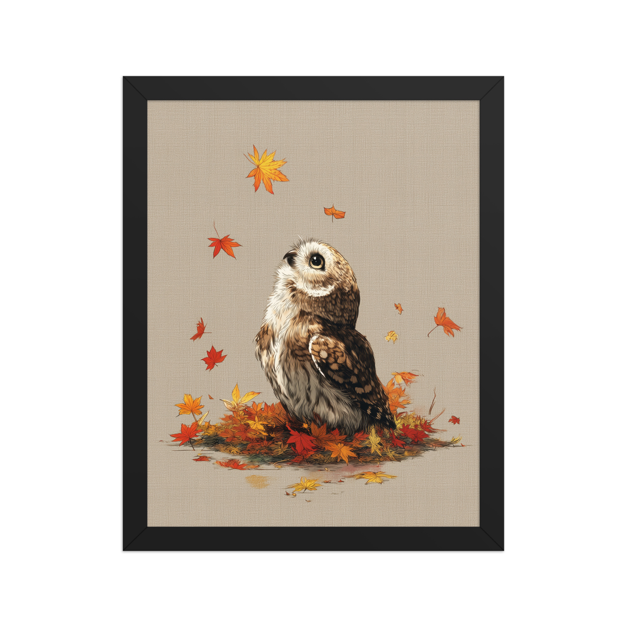 Autumn Gaze Owl — Owl Illustration with Falling Leaves Wall Art — Framed Poster - Image 3