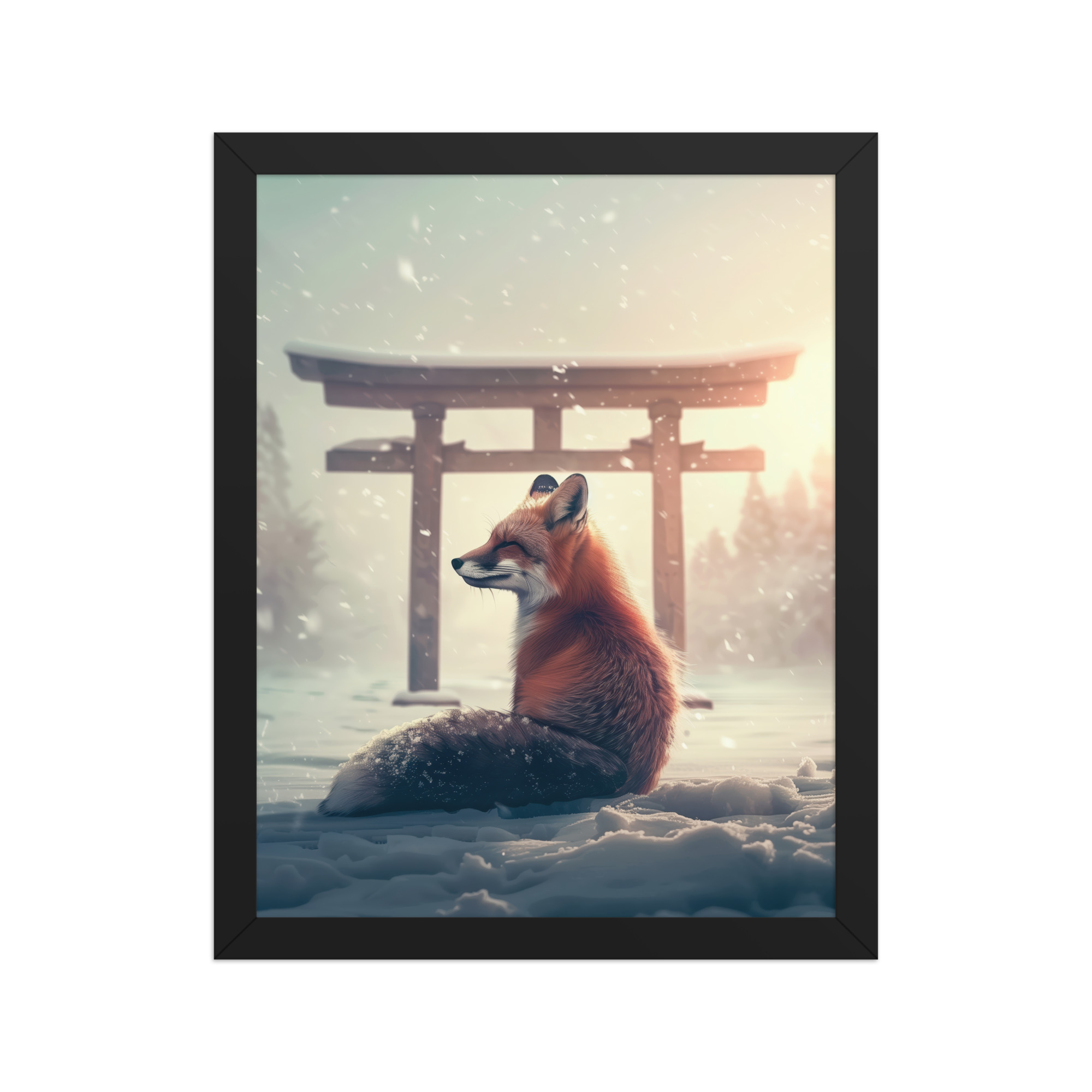 Snow Fox Watch Torii Gate — Cinematic Fox at Sunrise Wall Decor — Framed Poster - Image 3
