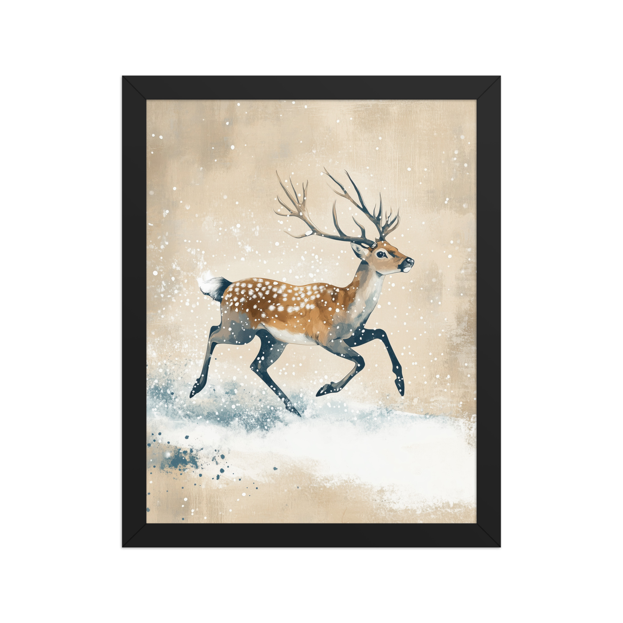 Running Deer in Winter Snow — Modern Wildlife Wall Art — Framed Poster - Image 3