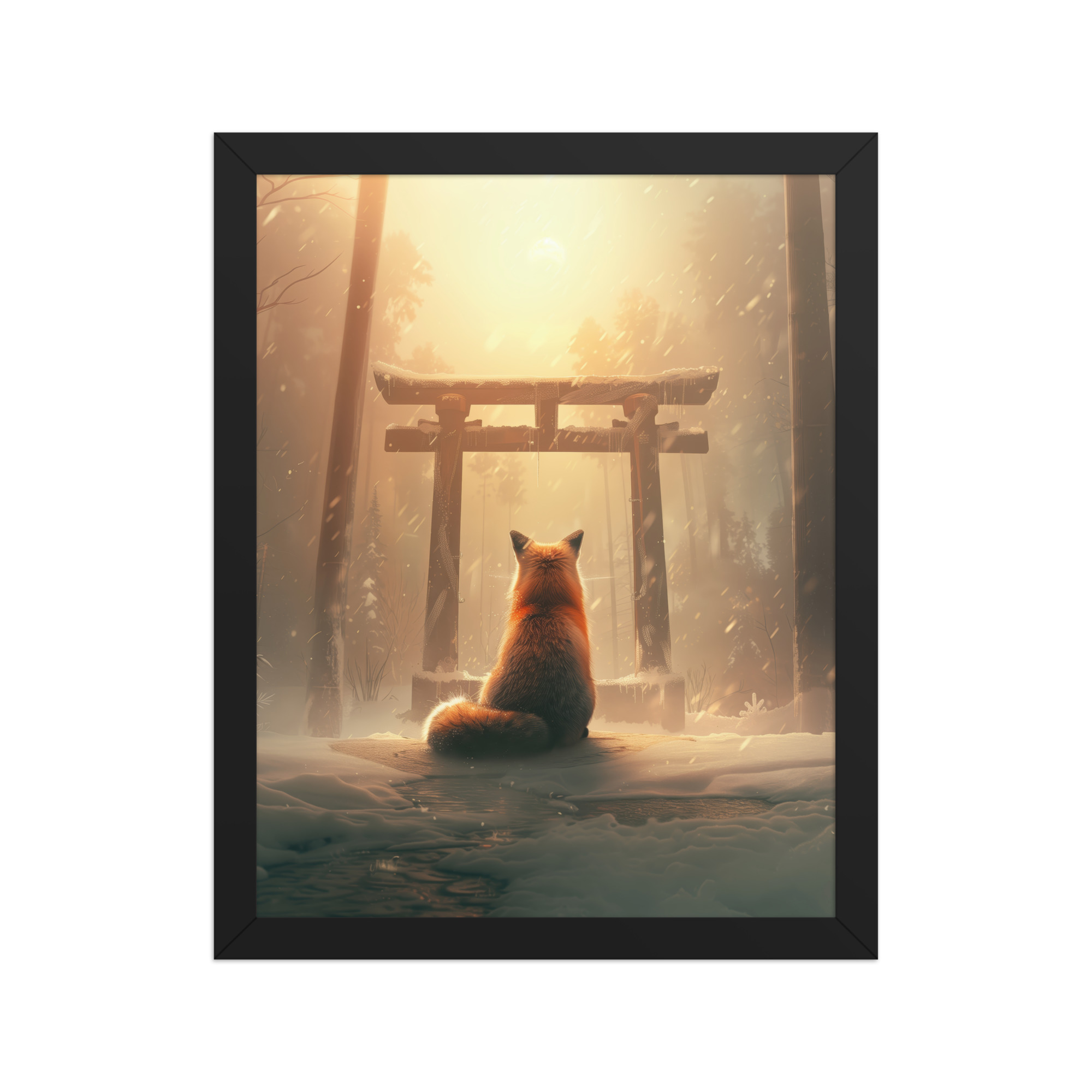 Fox Spirit at Torii — Cinematic Fox in Snowy Shrine Light Wall Decor — Framed Poster - Image 3
