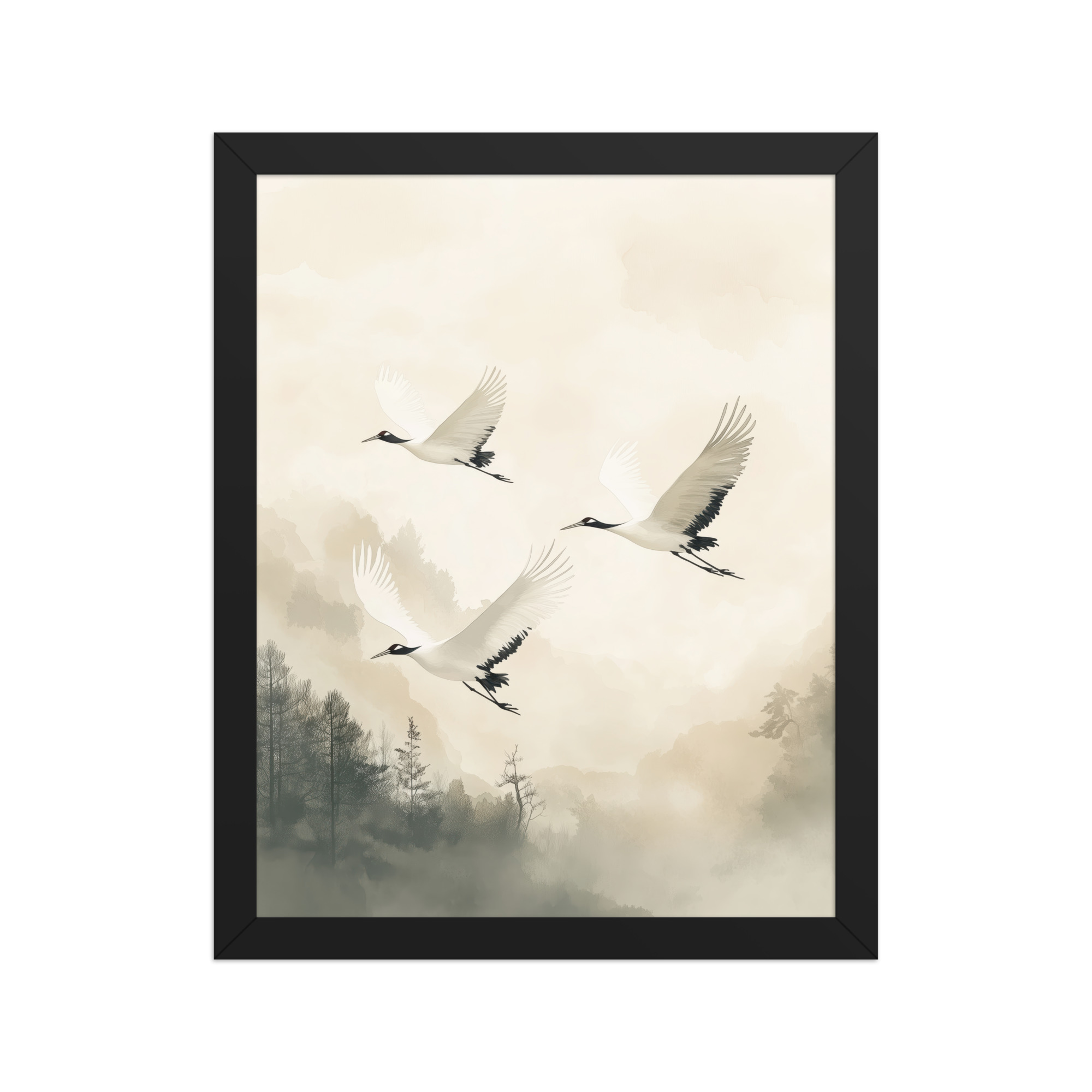 Cranes of Serenity — Misty Forest Flight Bird Wall Art — Framed Poster - Image 2