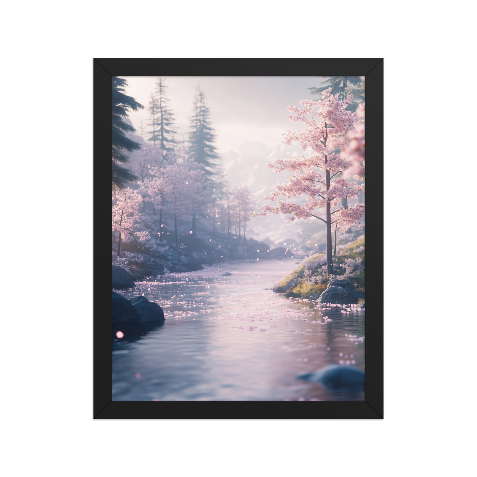 Nordic River Flow — Cherry Blossom Landscape Wall Decor — Framed Poster - Image 2