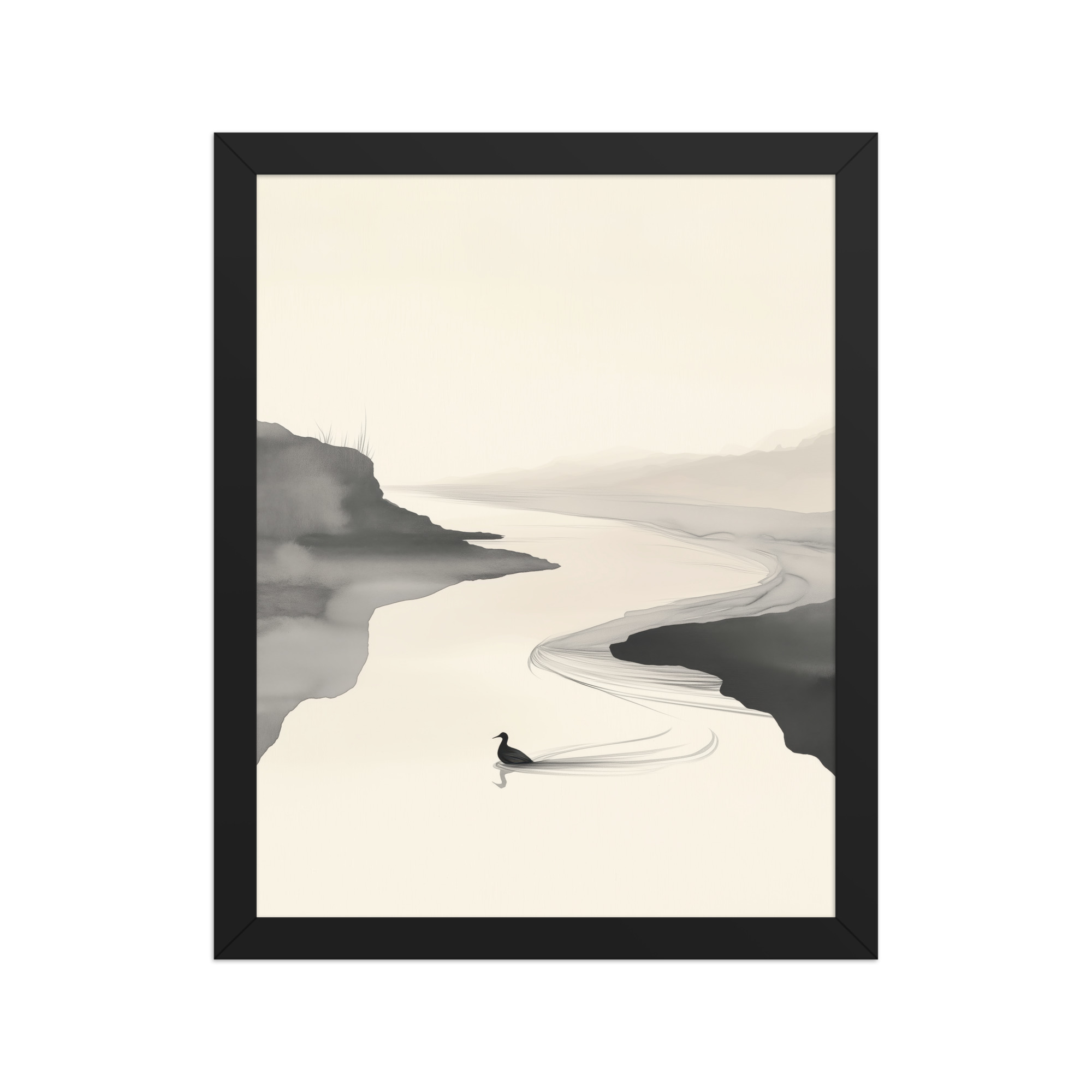 Tranquil River Flow — Minimal Ink Landscape Wall Decor — Framed Poster - Image 3