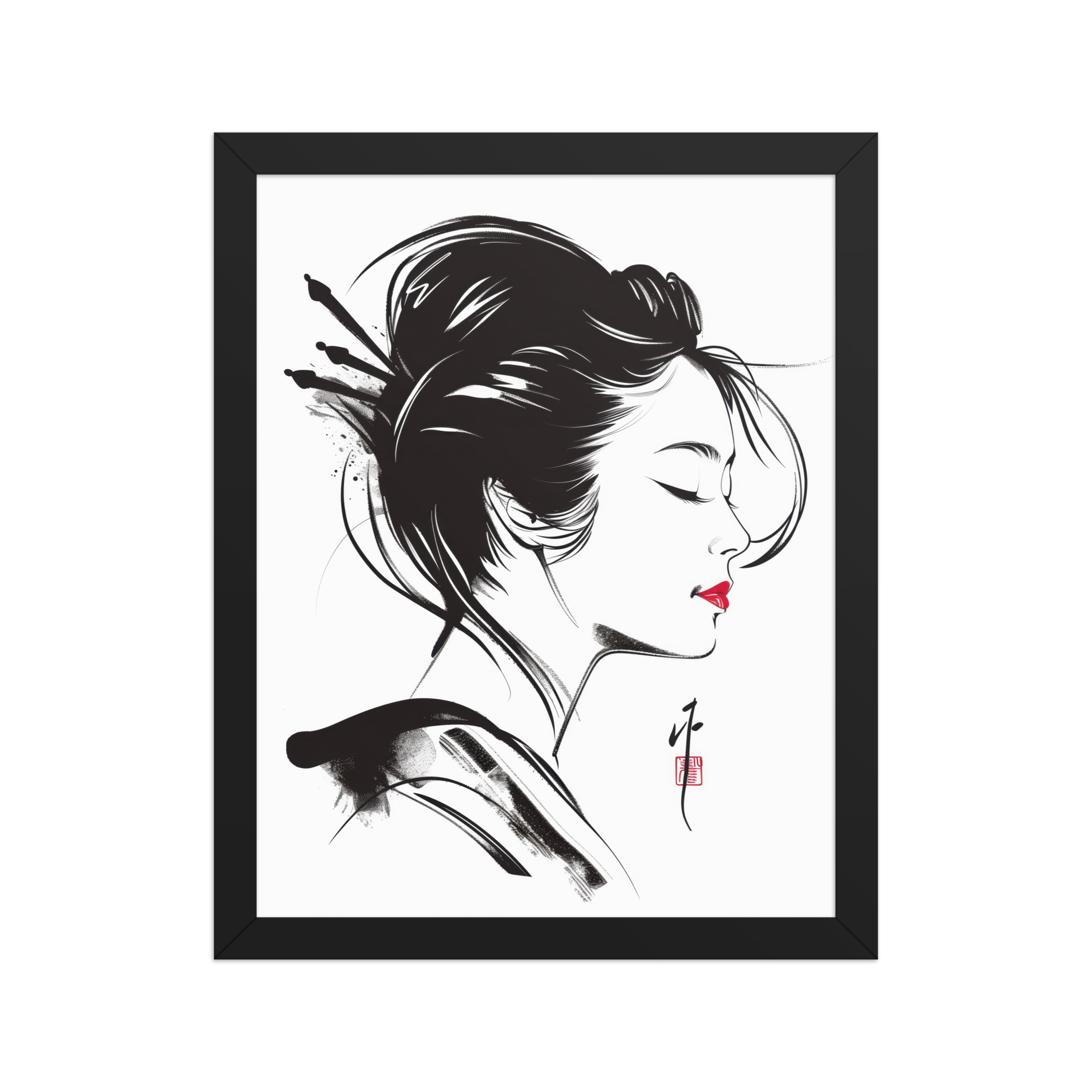 Geisha Profile — Minimal Sumi-e Geisha Portrait Wall Art — Framed Poster - Image 2